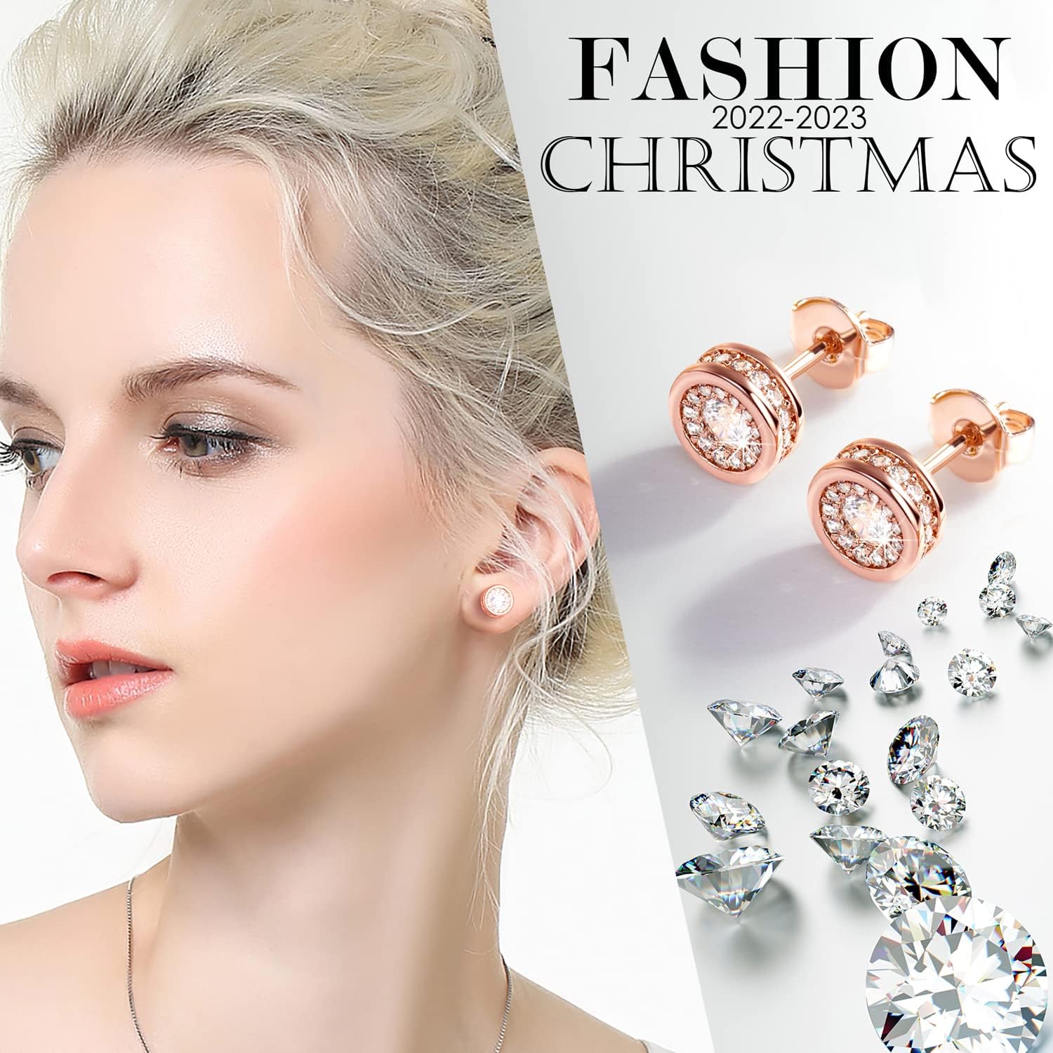 18K Gold Stud Earrings for Women, 18K Rose Gold Stud Earrings with Cubic Zirconia Diamonds, Jewelry Gift for Mom, Wife, Daughter, Friend on Birthday, Anniversary, Valentine's Day, Mother's Day - Image 5