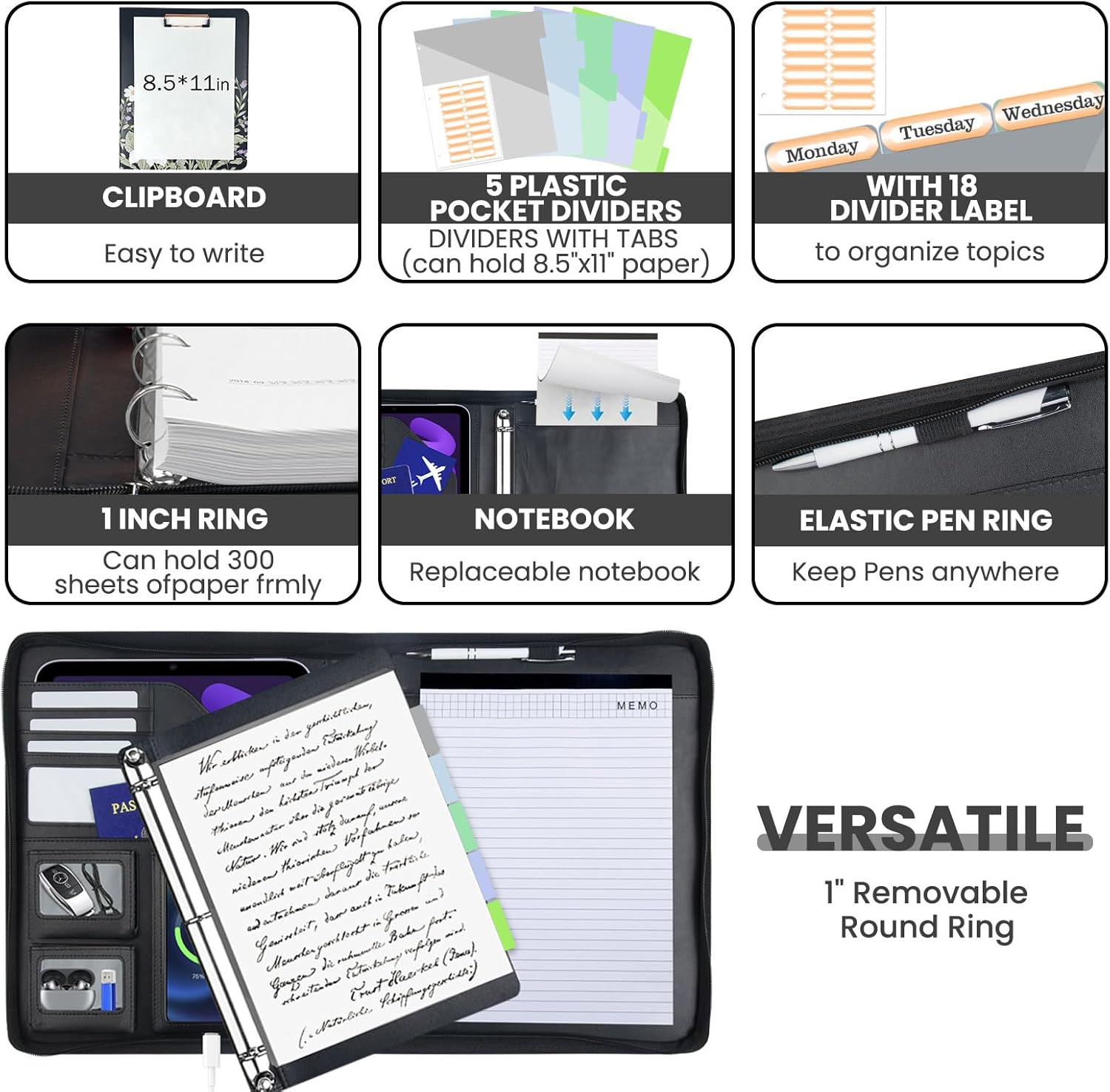 Clipboard with Storage for Men Women, Leather Padfolio Portfolio with Zipper, 1 Inch 3 Ring Binder 5 Dividers, Notepad for Letter Size, Elastic Closure and Pen Loop, Card Slot Black Flower - Image 3