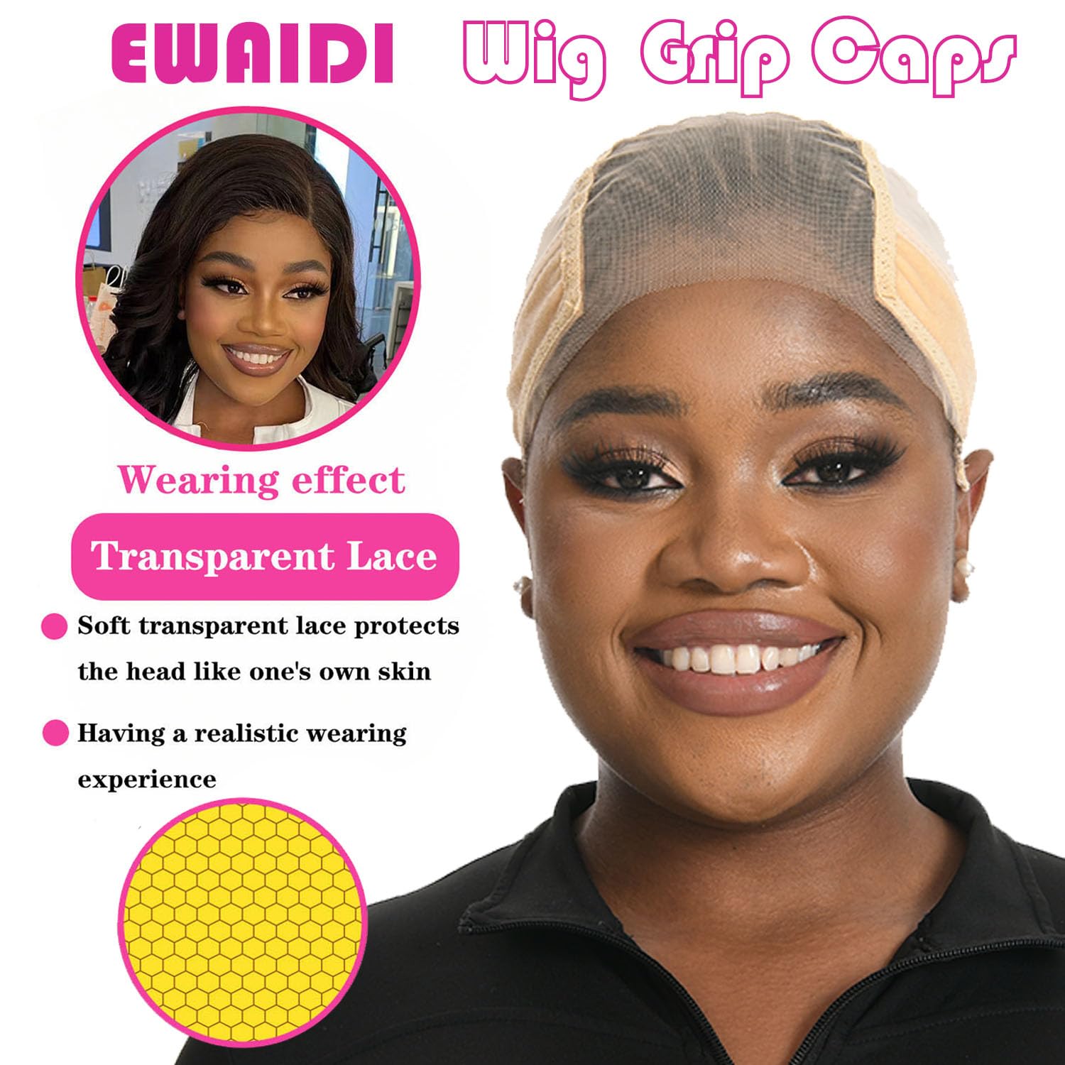 Lace Wig Grip Cap for Women 4x5 Transparent Lace Front Wig Cap with Gripper Headband to Keep Wig In Place Adjustable Lace Wig Gripper Make Your Wigs Gluless (Brown and Nude, Small)