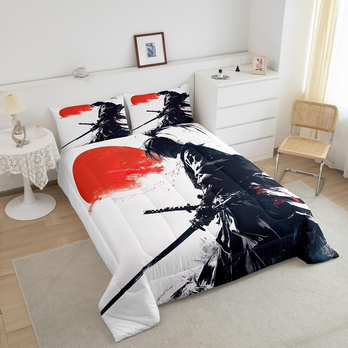 Japanese Samurai Bedding Comforter Sets Twin,Japanese Culture Sunset Bedding Set for Bedroom Decoration,Japanese Style Wash Painting with 1 Comforter and 1 Pillow Case Bedroom Decor