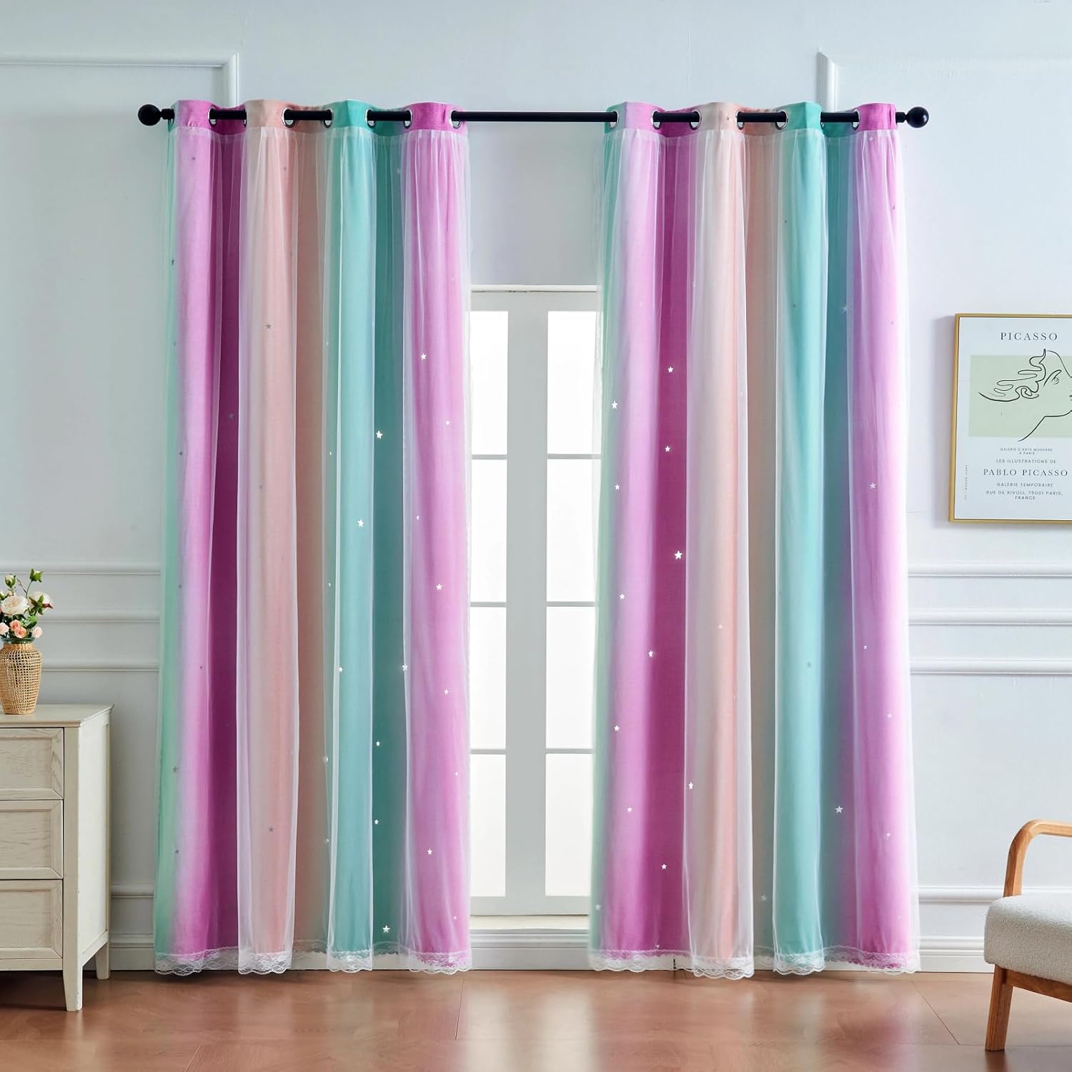 2 Panels Princess Girl Curtains for Bedroom, Rainbow Darkening Curtains for Kids Girls Room, Double Layer Hollow Star Window Decor, UV Protection and Insulation (Pink Purple Green, W52 X L84)