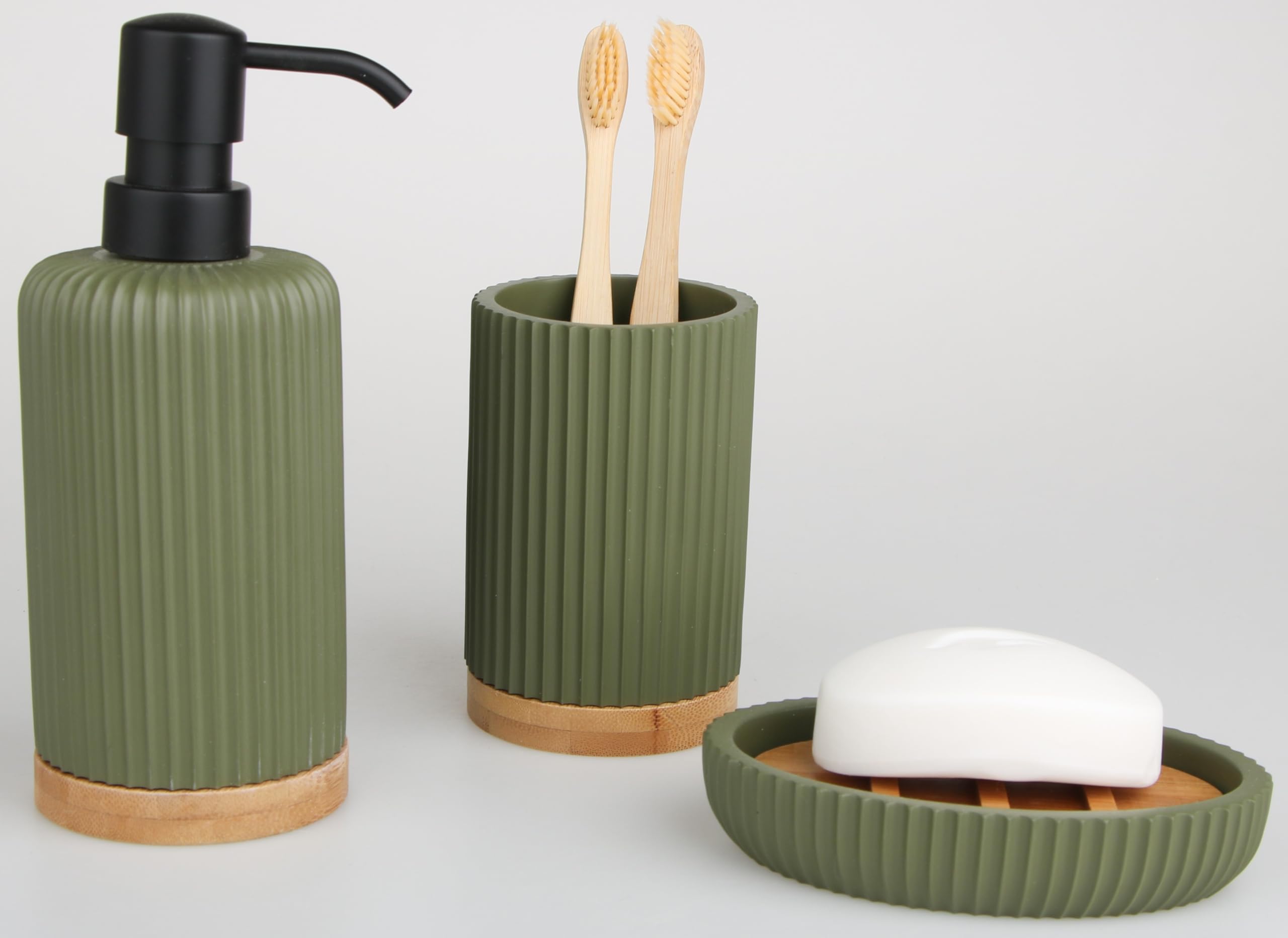 iBELL Polyresin Bathroom Set of 3 Pcs - Soap Dispenser,Tumbler, Soap Dish for Bathroom Decor and Home Gift Set,Green Textured