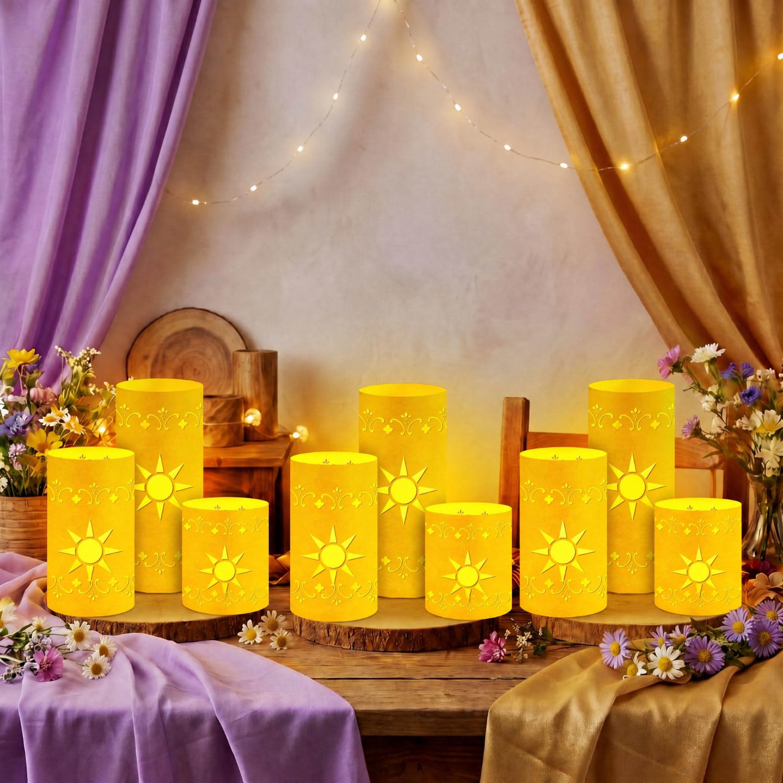 Set di 12 lanterne da sole da principessa, centrotavola per tavolo, 3 dimensioni, color oro, per compleanno principessa, lanterne di carta con candele, per sole, compleanno, baby shower