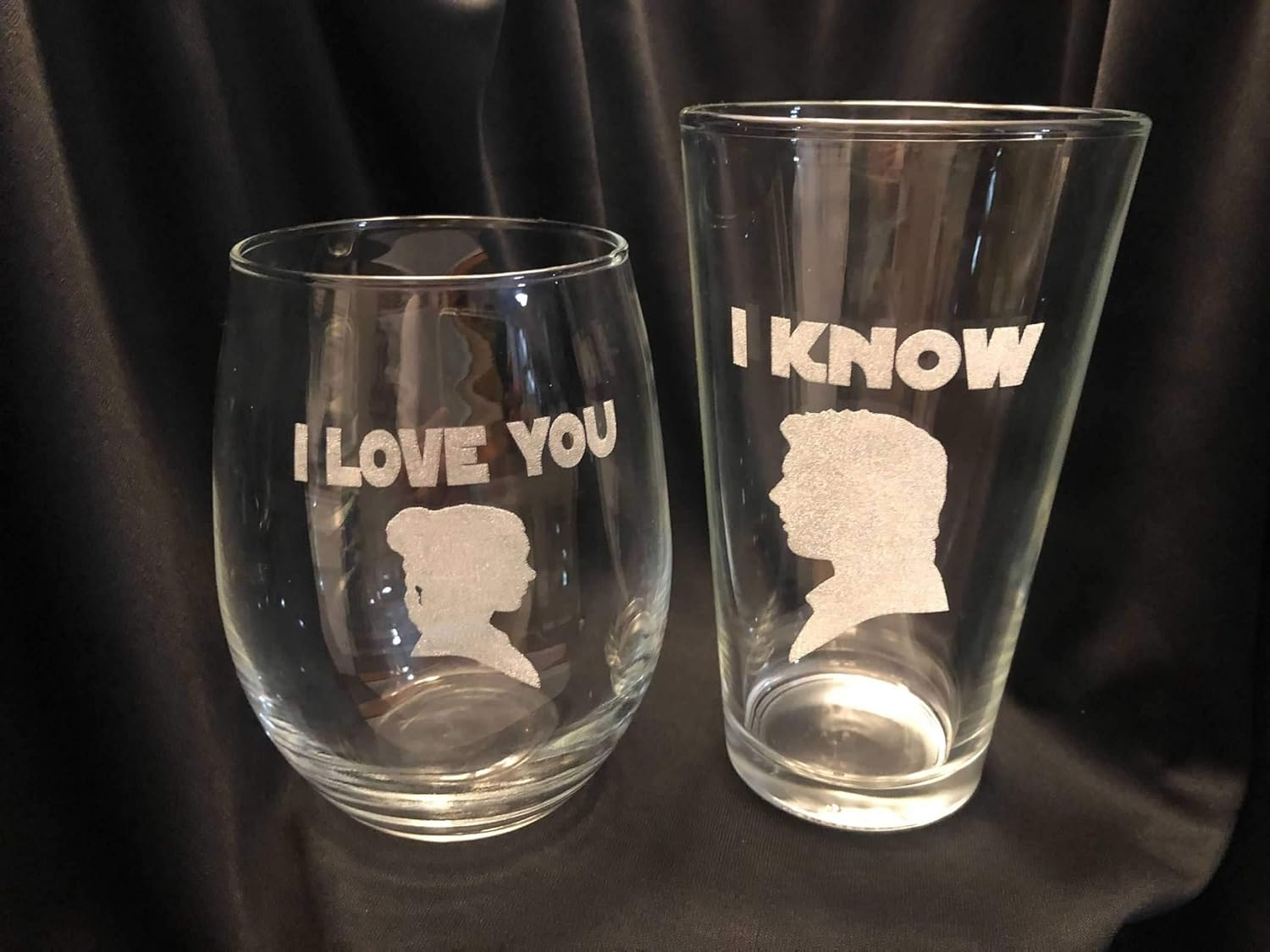 I LOVE YOU I KNOW Valentines Day Wedding Engagement Anniversary Gift His and Her Set Stemless Wine & Pint Glass Engraved Hans Solo Princess Leia
