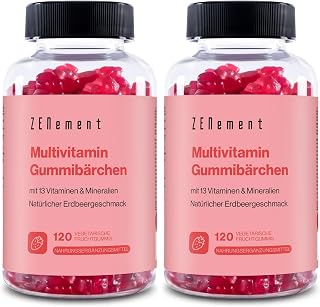 Multivitamin Gummibärchenfür Kinder, 120 Stück | Gummies mit 13 Vitaminen und Mineralstoffen (Vitamin C, D3, Biotin, Folsäure, Zink & mehr) | Mit Erdbeergeschmack | Zenement (Packung mit 2)