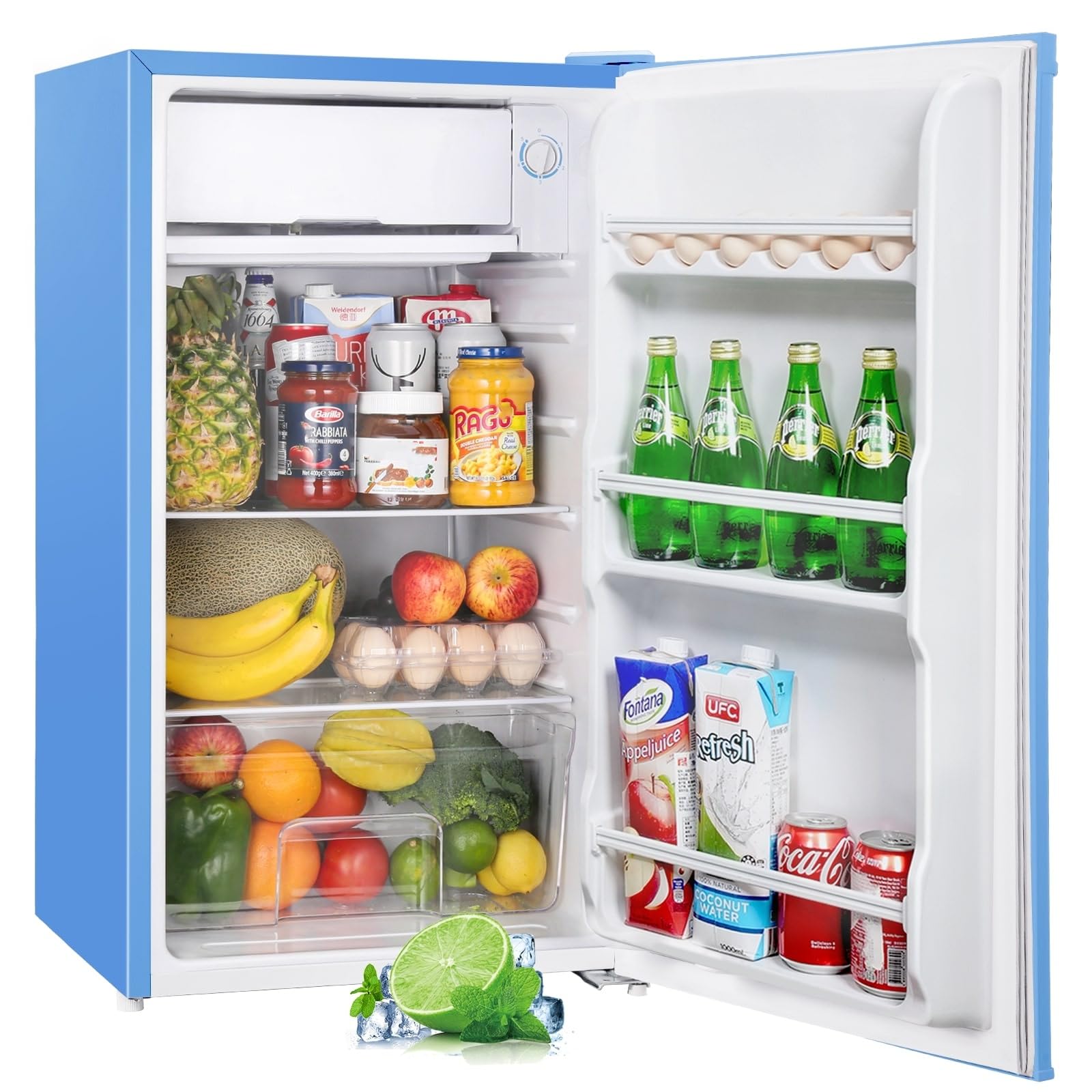 Upstreman 91L Kleiner Kühlschrank mit Schnellkühlfach, 5 Temperaturstufen (1-8℃), Energieeffizient, 41 dB Leiser Betrieb, Kompakt Geräumig für Studentenwohnheim/Büro, BR321-Blau