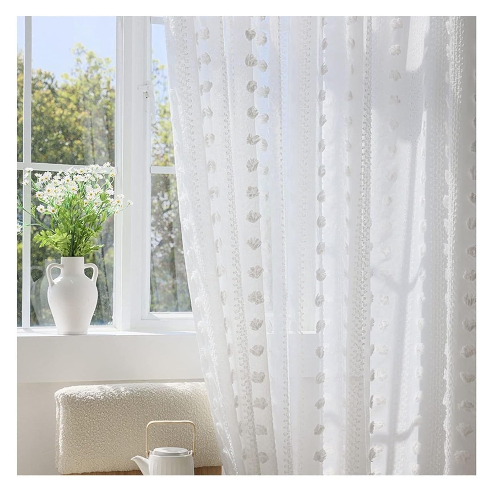 NDLHXKFRP Voile curtains, White Sheer Voile Curtain With Flower Pom Pom, Hook, Multiple Sizes(WxH 270x180cm/106x71in)