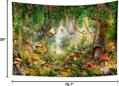 Vista 8 de Tapiz de bosque de fantasía, hongo encantado, tapiz mágico de cuento de hadas del país de las maravillas, casa del árbol, tapices para colgar
