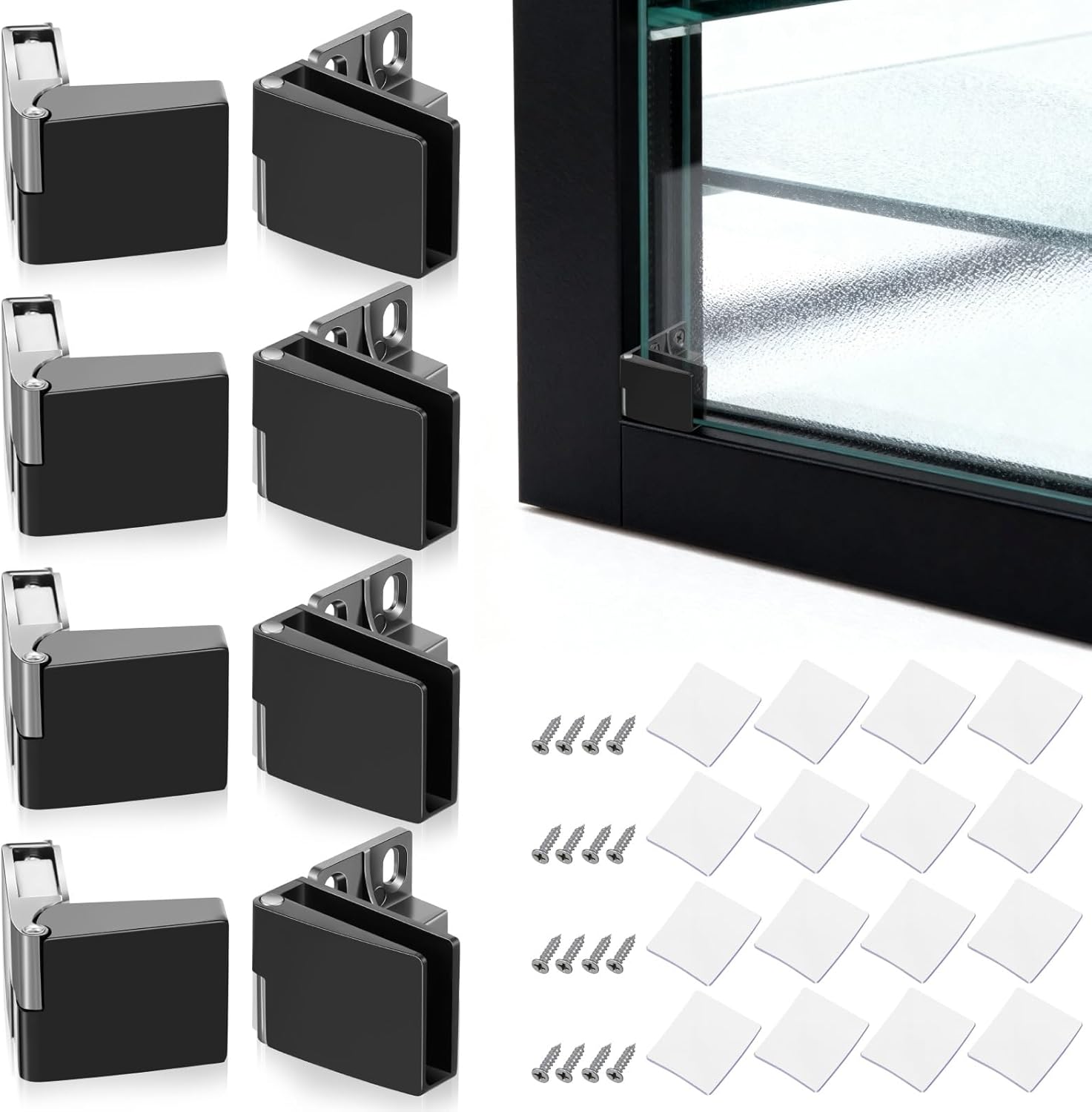 4 Pairs Black Frameless Door Hinge with Screws Black Glass Door Hinges Bulk Suitable for 3-5mm Thick Glass 90 Degree for Wine Cabinet Bookcase Kitchens Bathrooms No Need to Drill