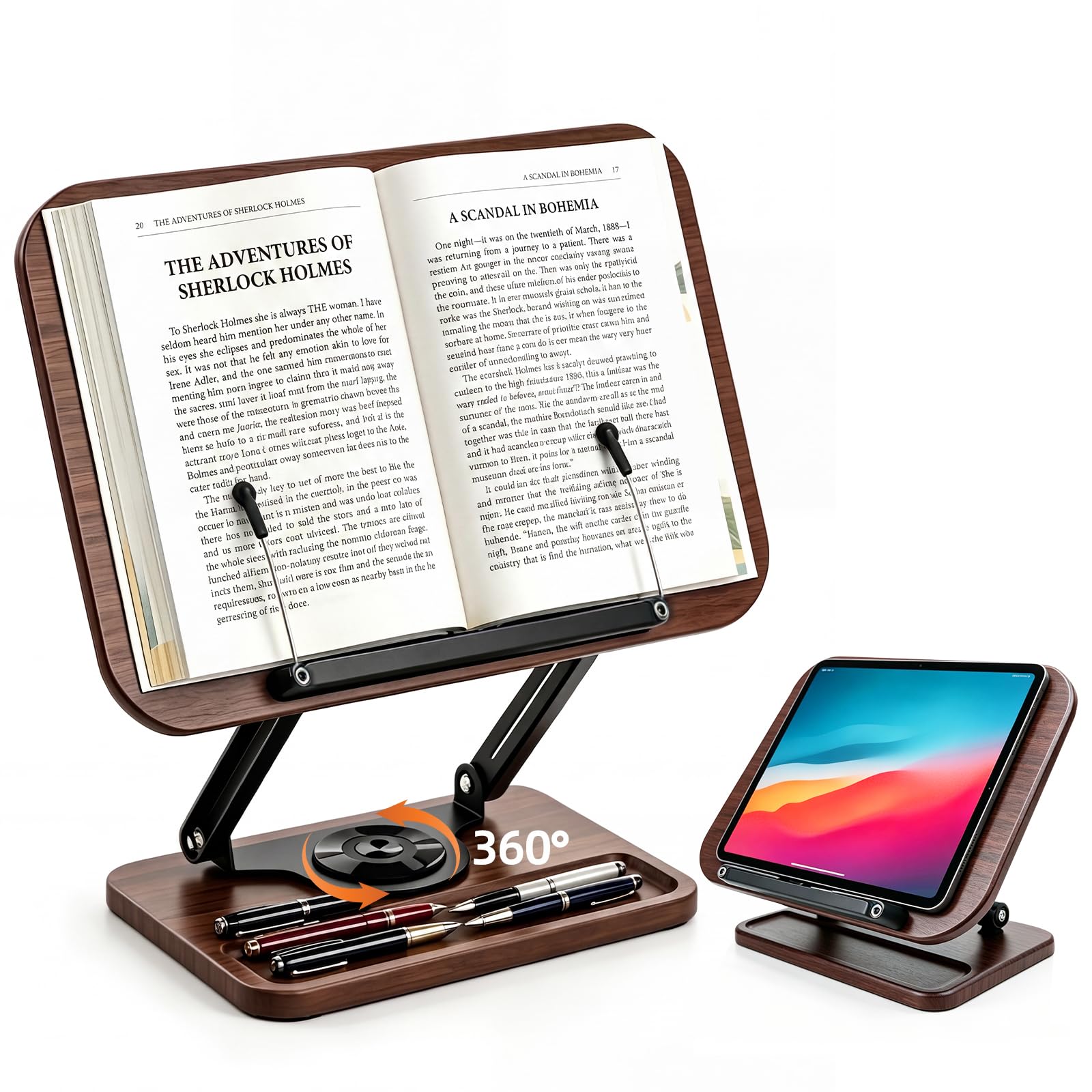 Leggio per lettura, supporto da lettura girevole a 360° e pieghevole, regolabile con clip laterale elastica a sfera e portapenne per libri, tablet, laptop (elegante legno)