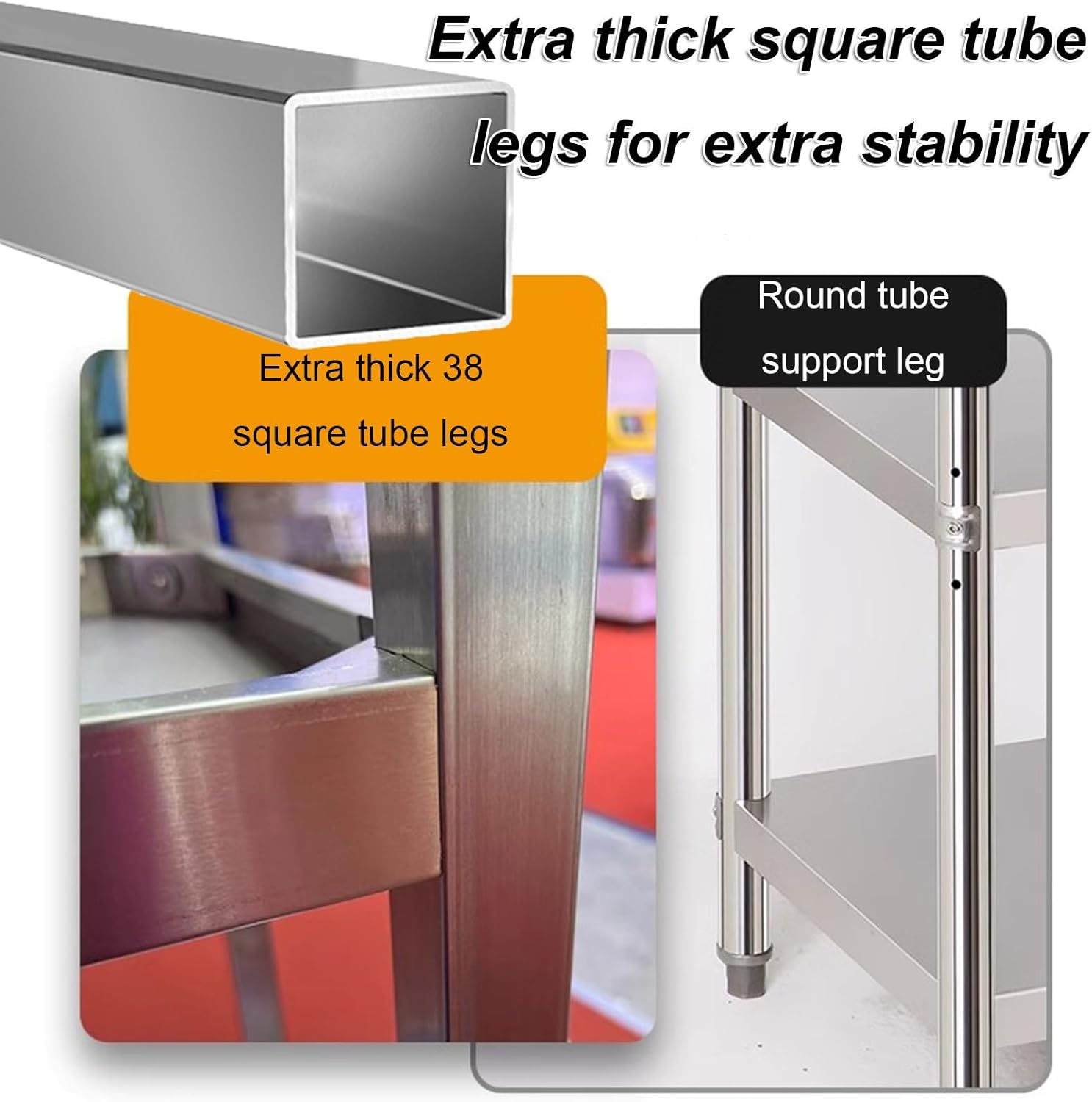 Three Tier Workbench Thickened Stainless Steel Preparation Table Metal Table Square Tube Legs Sturdy and Stable Chopping Vegetable Case Baking Packing Table