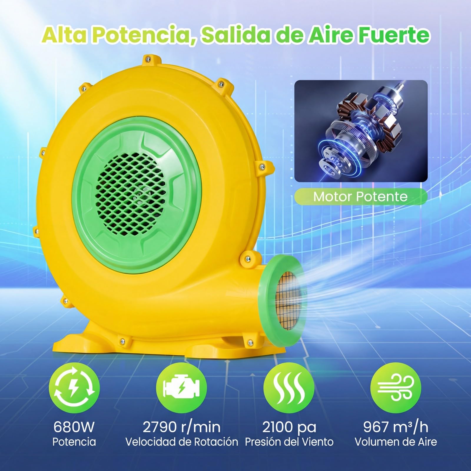 COSTWAY 680W Soplador de Aire para Castillo Hinchable, 220-240V Bomba de Bajo Ruido con 4 Estacas de Tierra y Cable de Alimentación, 2340pa Ventilador Eléctrico Potente para Juguetes Inflables