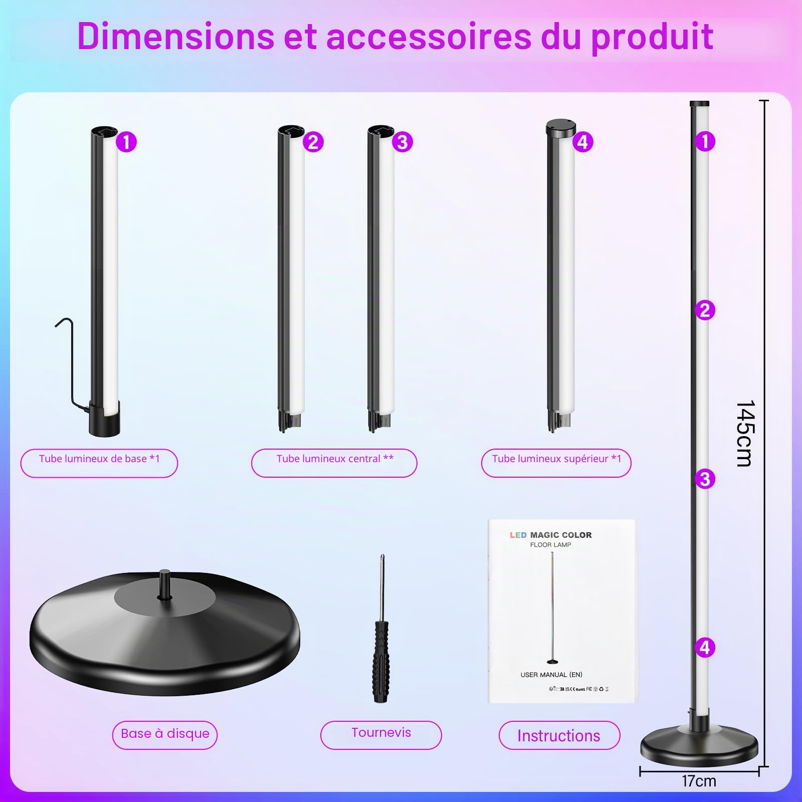NIKYJM Lampadaire d'Angle LED, Lampe sur Pied RGB 145cm RGB Lampadaire LED, Lampe d'Angle avec APP Contrôle et Télécommande,16 Millions Couleurs et 300 Modes, Musique Sync pour Chambre Salon