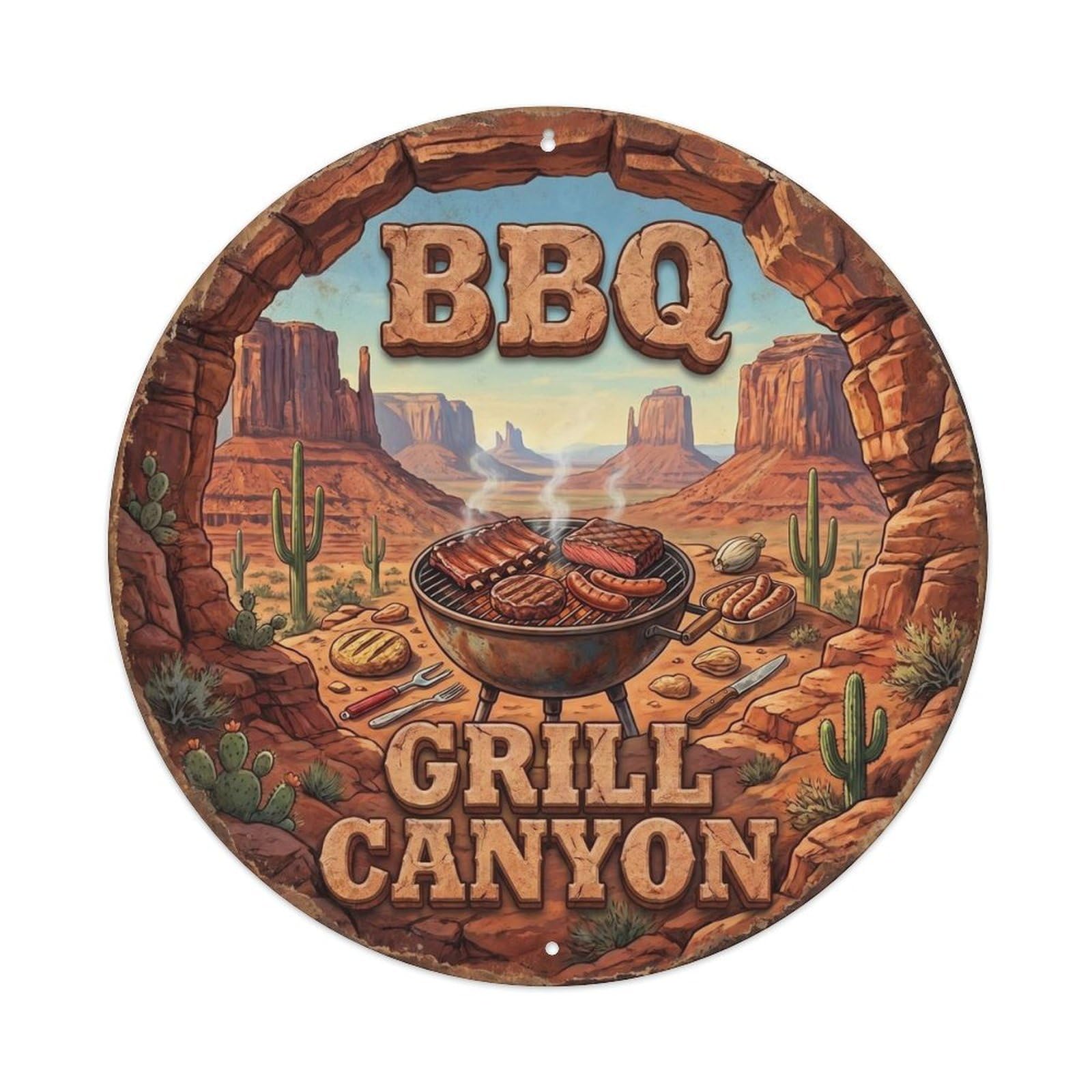 BBQ Barbecue Grill Canyon Vintage Metal Tin Sign Plaque Wall Decor for Cafe, Club, Garden Round Metal Poster 8x8Inch