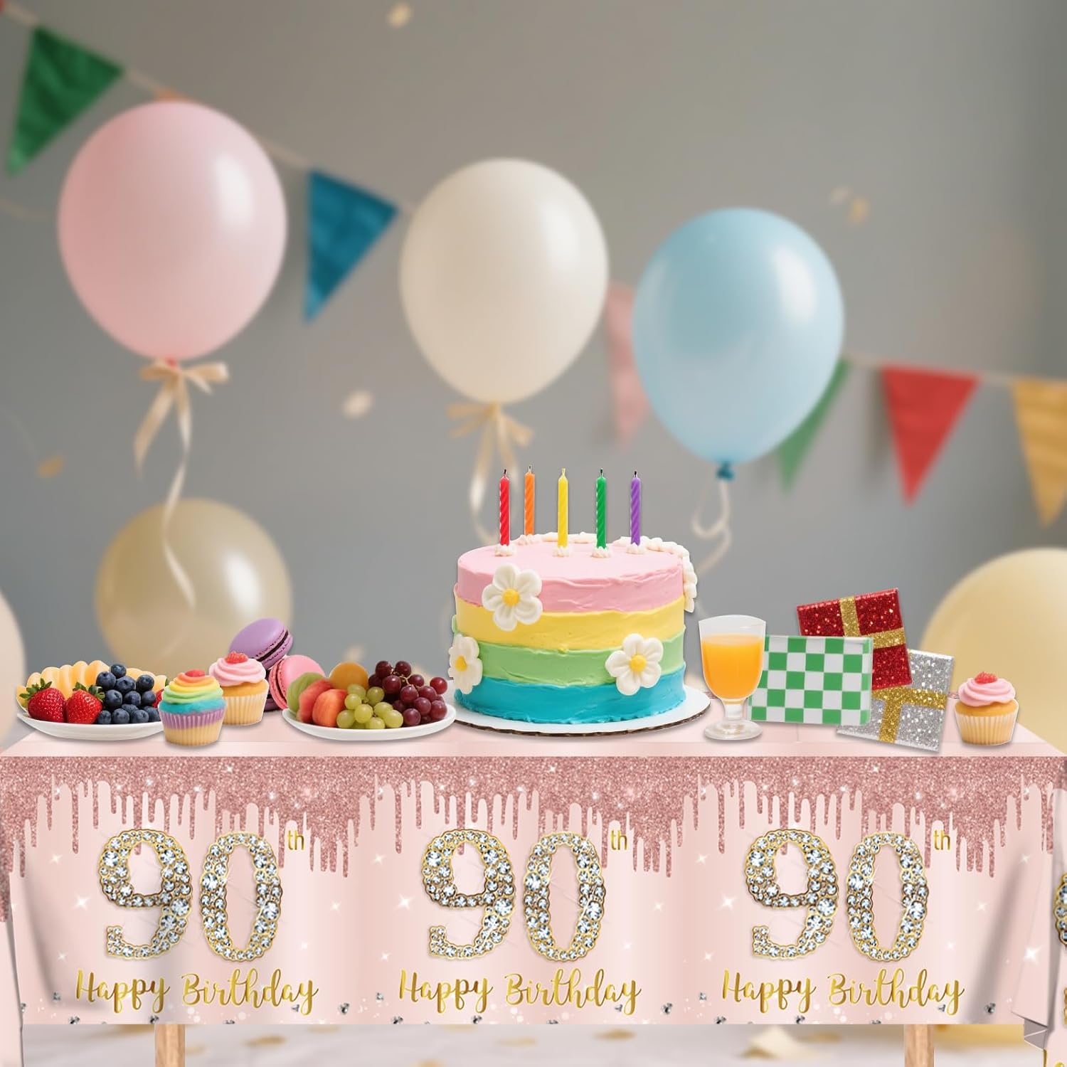 90th Birthday Decorations for Women,61Pcs Rose Gold 90th Birthday Decorations Tableware Include Happy 90th Birthday Plates and Napkins,Tablecloth,Forks,90th Birthday Party Supplies Serve 20 image 4