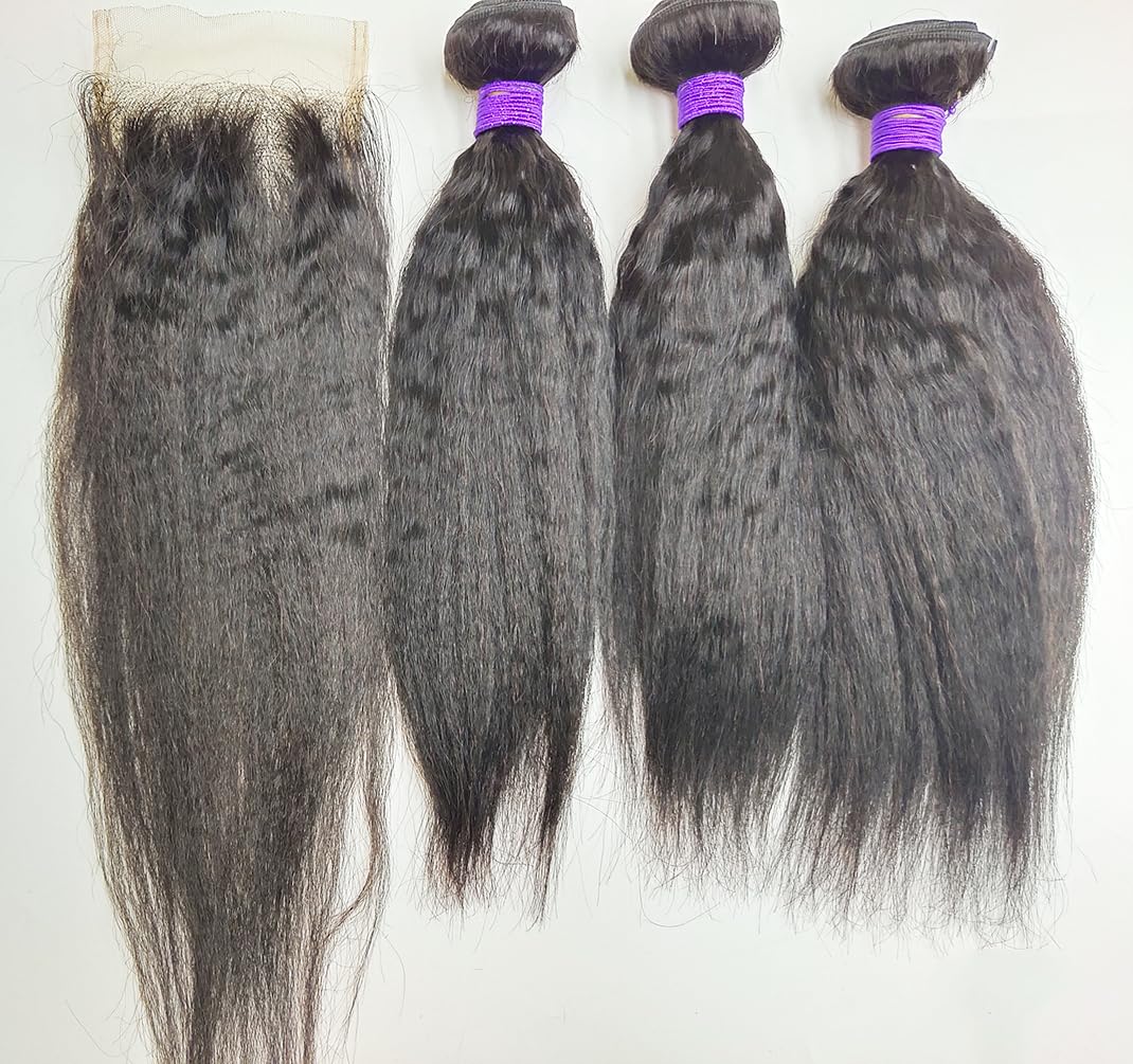 Kinky Straight 3 Bundles with 4x4 Lace Closure Free Part 100% Virgin Brazilian Human Hair Yaki Kinkycurly 10A Hair Weave Small Curly Extensions, Natural Black Color (14"14"14" + 10" Closure)