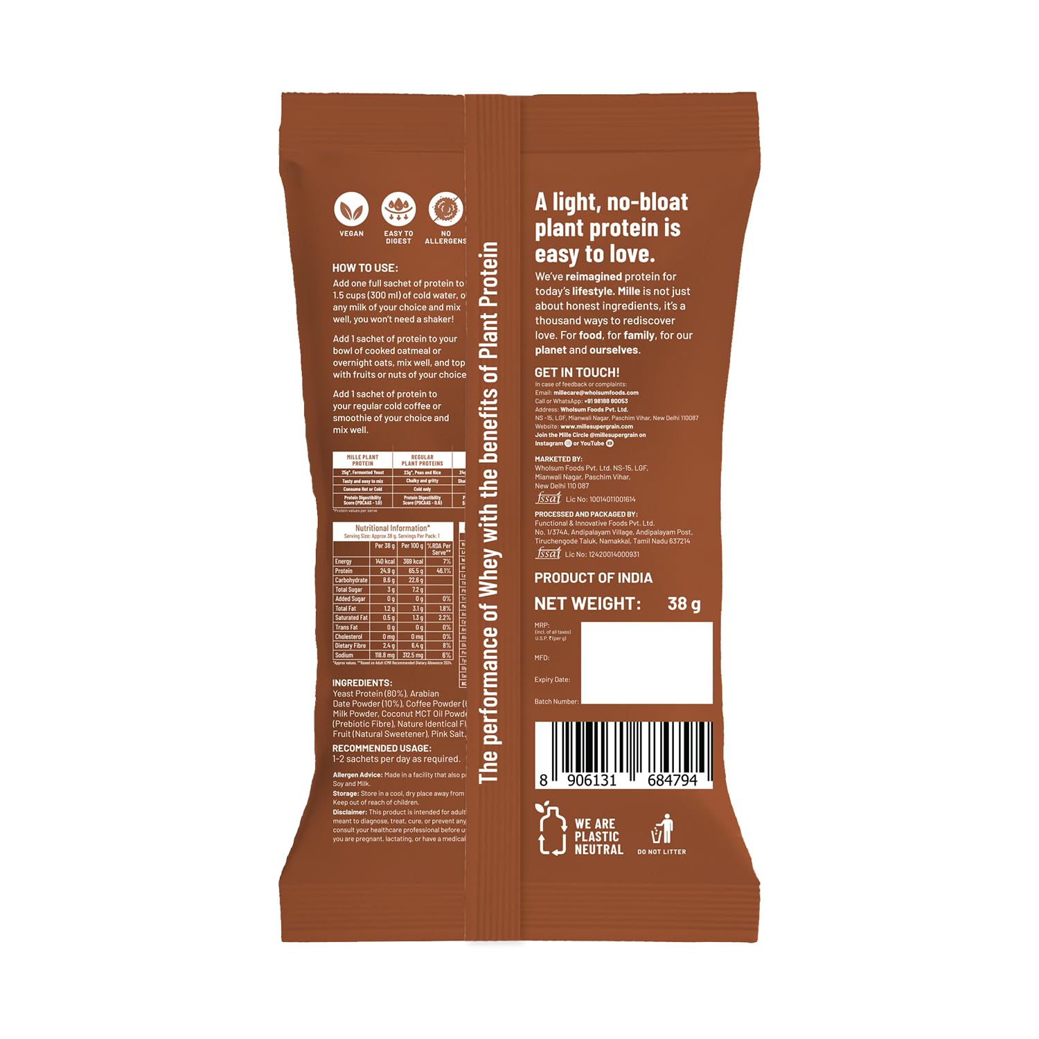 Mille Plant Protein Powder | 31g Unflavoured & 25g Coffee Hazelnut Protein Trial Pack| Made with Fermented Yeast Protein Powder | No Bloat Vegan No Added Sugar | 38g Trial Pack x 2