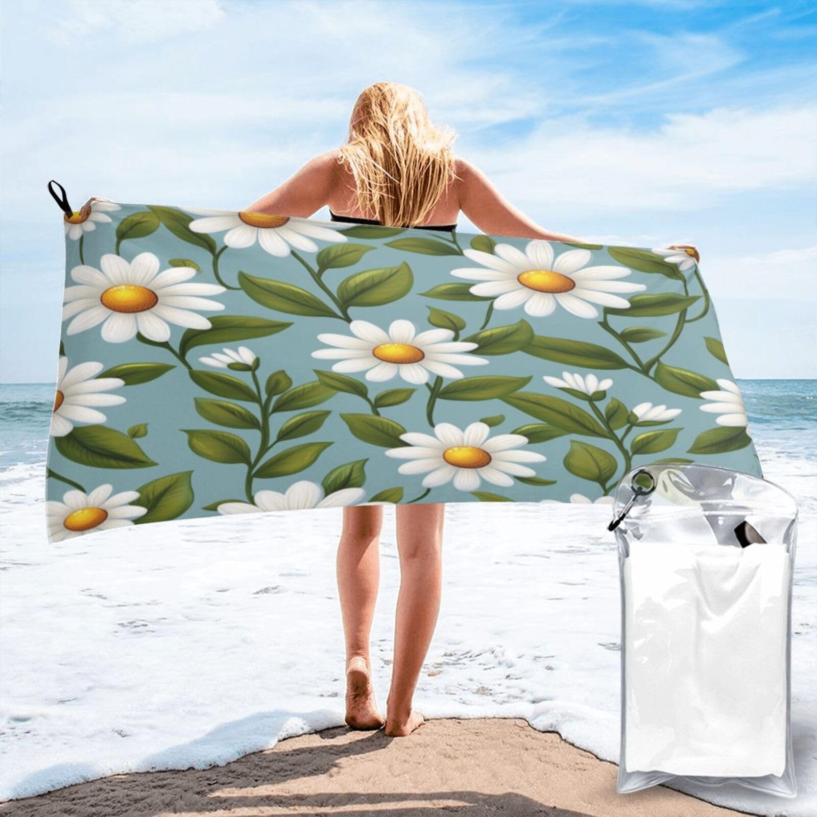 Anceky Floral Pattern with Daisies, Blue Background Quick Dry Microfiber Travel Towel with Carry Case and Carabiner 27.5"X55"