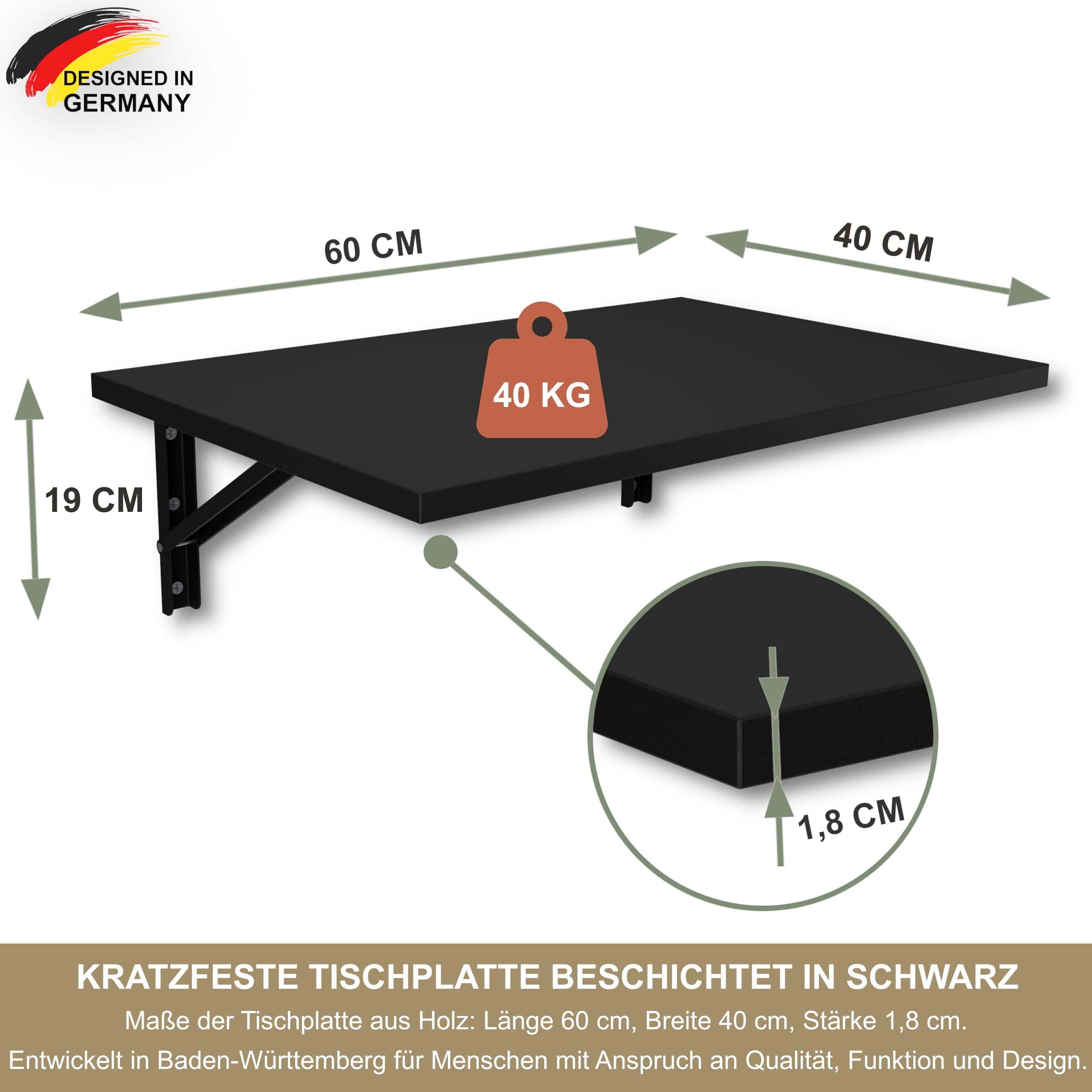 KDR Wandklapptisch 60x40 cm – Klapptisch zur Wandmontage, platzsparender Wandtisch, klappbarer Esstisch, Schreibtisch & Küchentisch, ideal für kleine Räume und Home Office (Schwarz)
