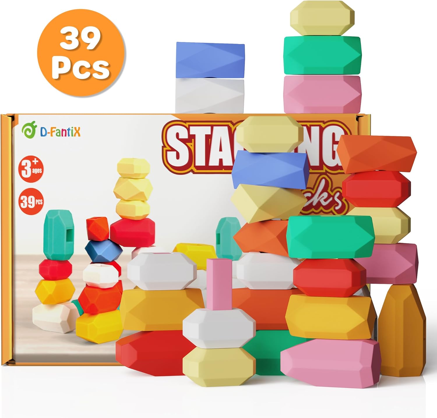 D-FantiX 39 PCS Stacking Rocks Stones Building Blocks, Montessori Toys for 3 4 5 6 Year Old Toddlers and Kids, Sensory Toy Balancing Stacking Game for Boys and Girls