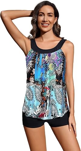 Miniatura 5 de REKITA Trajes de baño tankini fluidos para mujer, trajes de baño tankini para dos piezas, camiseta sin mangas con pantalones cortos