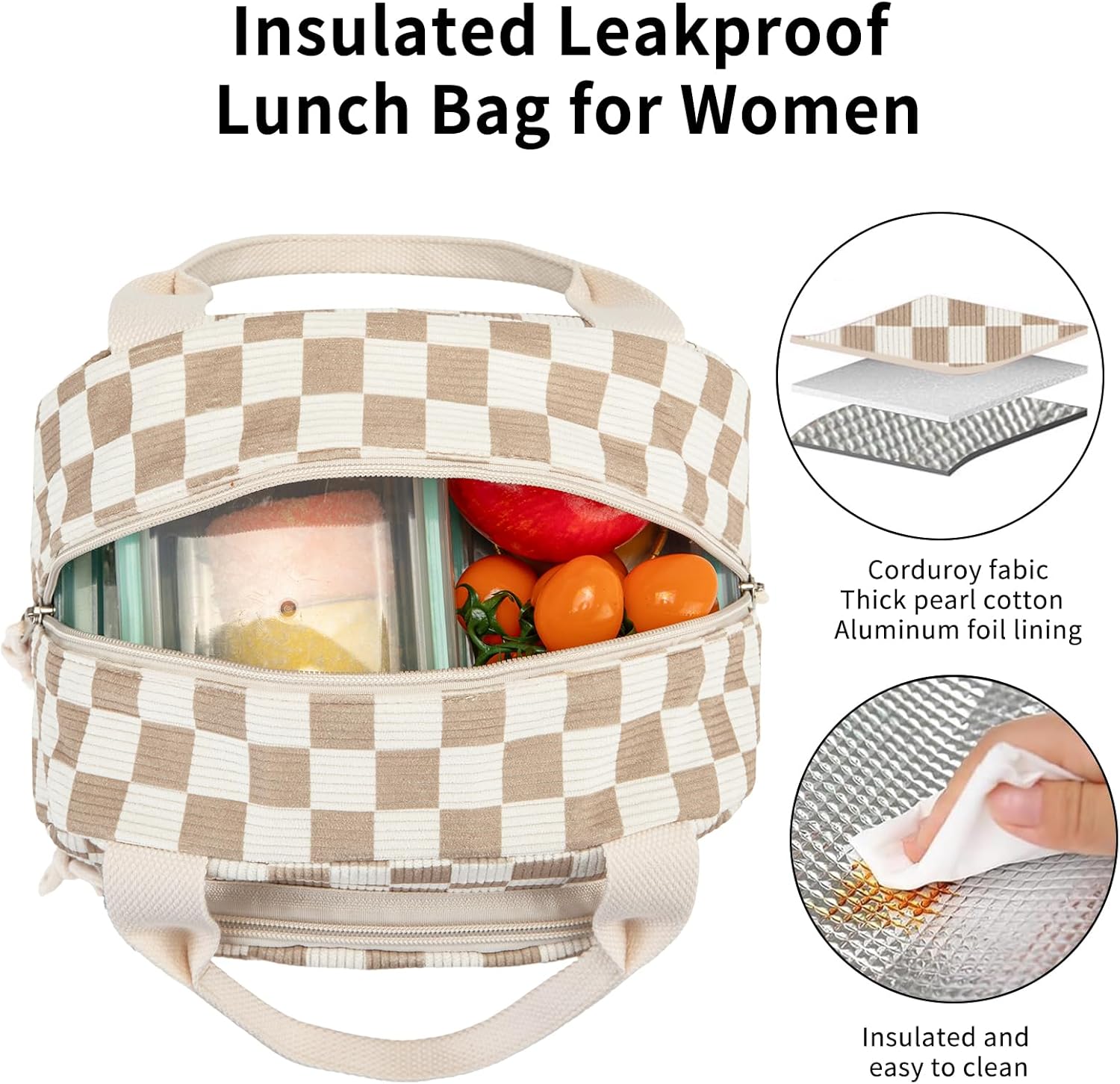 Lunch Bag Women Lunch Box for Women Adult Cute Insulated Lunch Bag Small Cooler Lunch Tote Bags for Work Picnic School (Beige-Brown Plaid) - Image 5