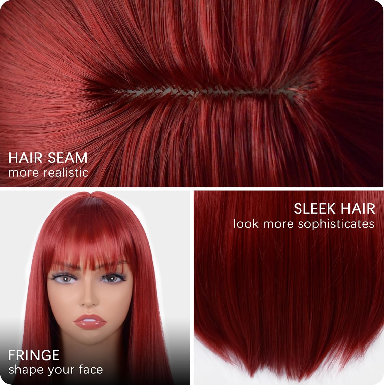 Red Wig with Bangs Long Straight Red Wig for Women Heat Resistant Synthetic Wig for Girls Daily Use Party Halloween Cosplay Wig 24inch - Image 3