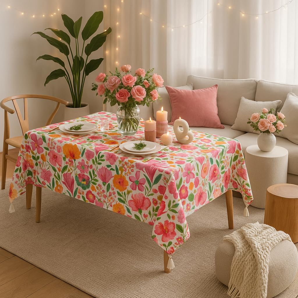 WWW.THROWPILLOW.IN Pink Floral Print Boho Printed Dining Table Cover Rectangle Shape 52"x 96", Anti Skid Table Cloth for 7 Feet Center Coffee Table|Living Room Diwali Decor 1