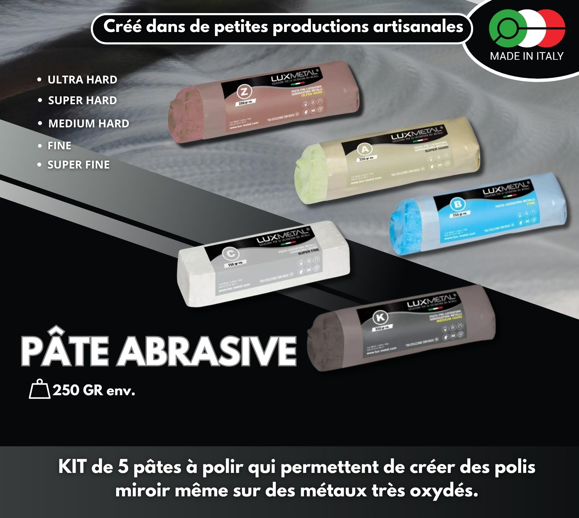 Kit 5 Pate a Polir 250 gr A-B-C-Z-K Set Polissage Acier Inoxydable Cire Solide Pour Polissage Métaux Miroir Aluminium Poli Chrome Plexiglass Marbre Laiton Cuivre