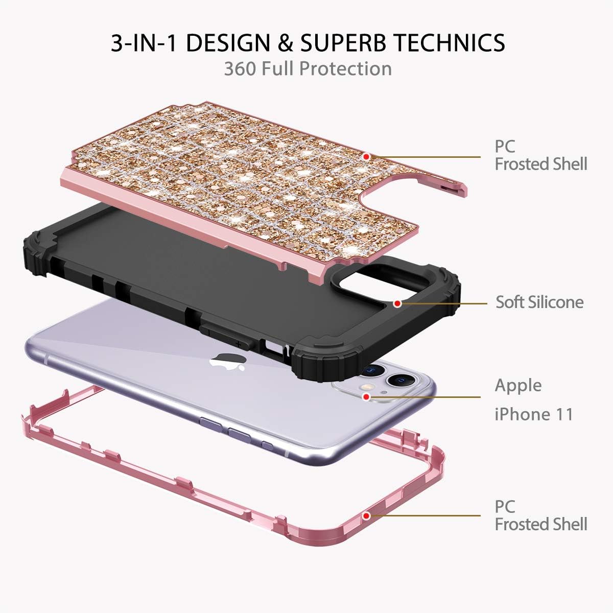 Hekodonk Compatible iPhone 11 Case 3D Luxury Sparkle Glitter Shiny Heavy Duty Hybrid Sturdy High Impact Shockproof Protective Cover Case for Apple iPhone 11 Bling Rose Gold