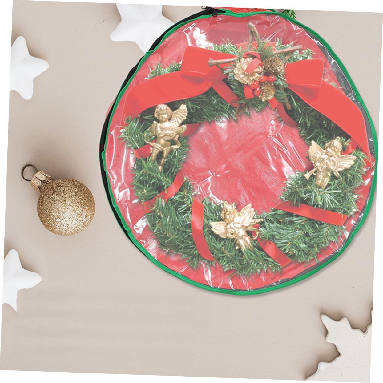 4pcs Large-Capacity Christmas Wreath Storage Bag with Clear Window Xmas Garland Organizer Red Holder for Holiday Decoration Protection and Easy Carry