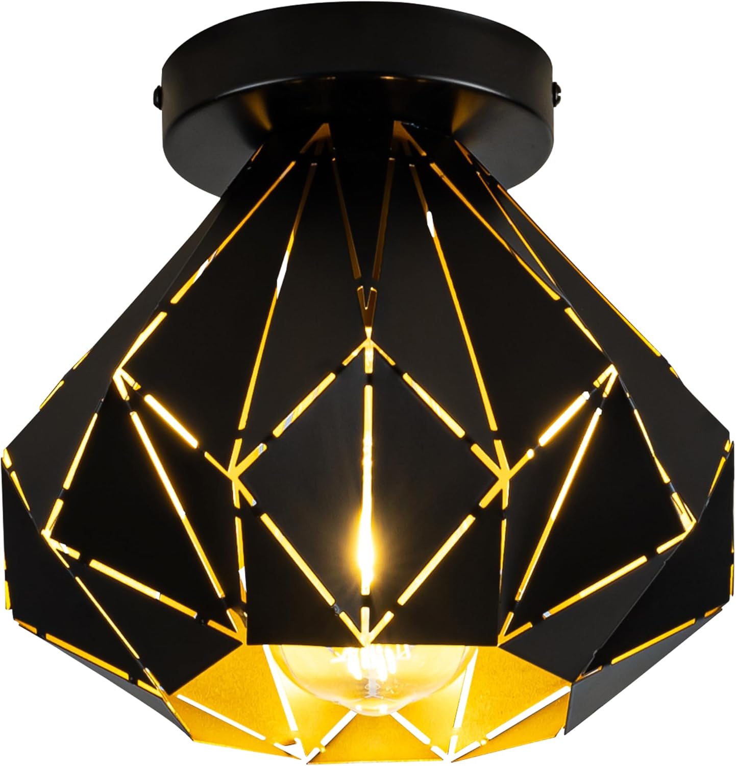 Modern Geometric Ceiling Light, Black Metal Diamond Cage Design, Semi-Flush Mount, Industrial Style, E26, Matte Black with Gold Inside