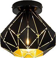 Vista 1 de Modern Geometric Ceiling Light, Black Metal Diamond Cage Design, Semi-Flush Mount, Industrial Style, E26, Matte Black with Gold Inside
