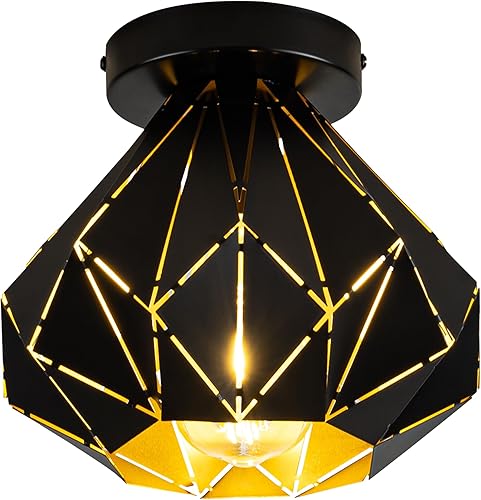 Modern Geometric Ceiling Light, Black Metal Diamond Cage Design, Semi-Flush Mount, Industrial Style, E26, Matte Black with Gold Inside