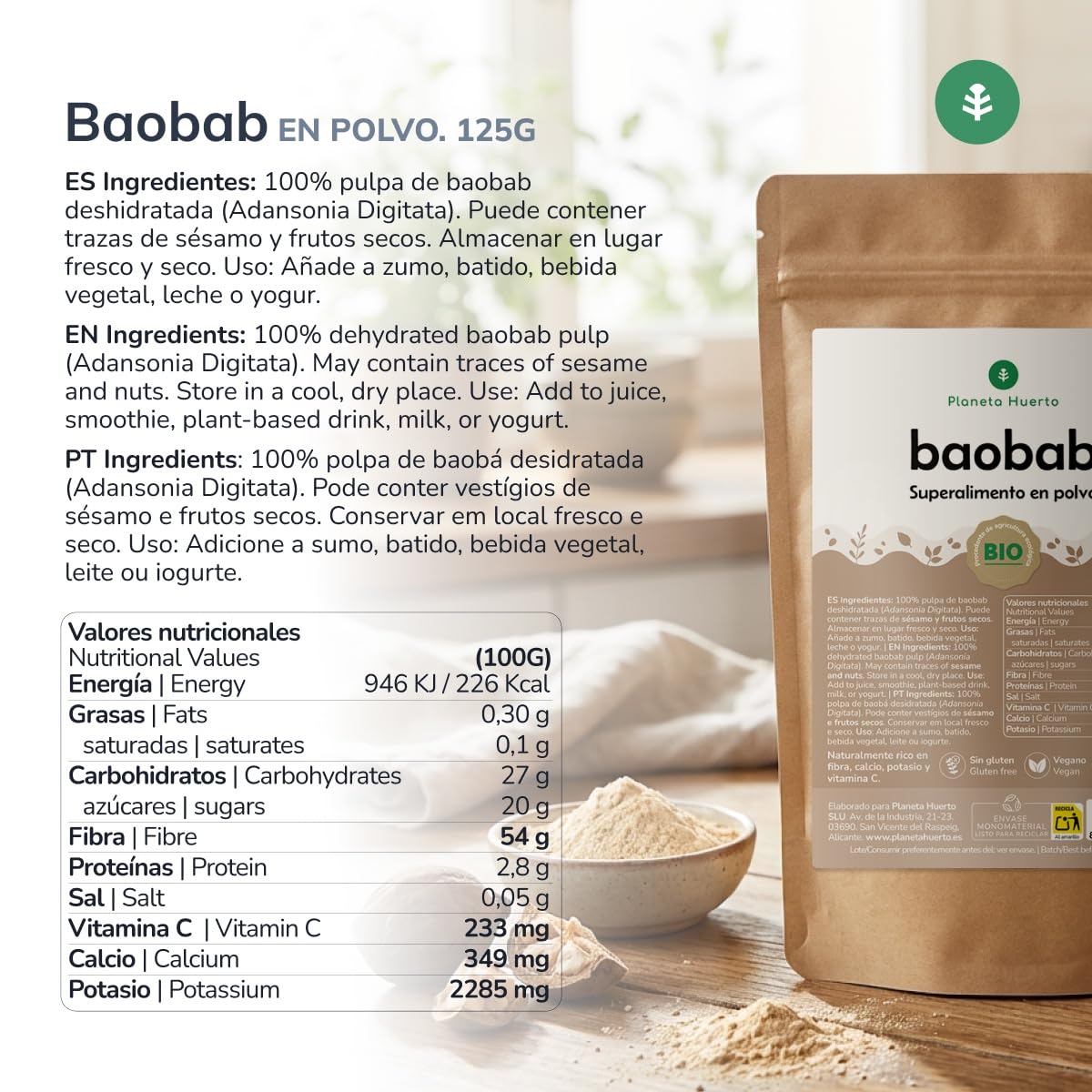 Baobab en Polvo Ecológico 125 g - Superalimento Natural Rico en Vitamina C y Antioxidantes
