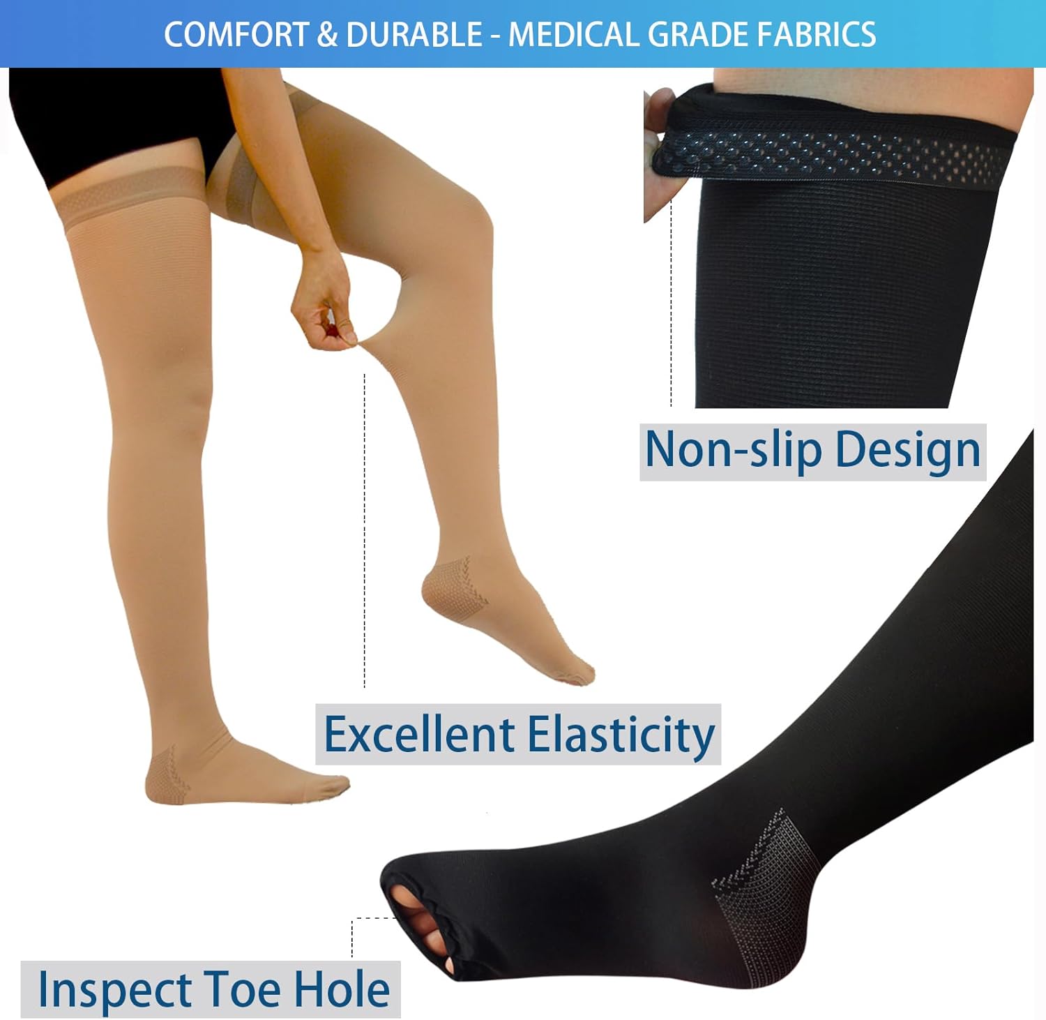 2 Pairs Anti Embolism Ted Hose Thigh High 15-20 mmHg Compression Stocking,Post Surgery Support Compression Socks with Inspect Toe Hole for Women & Men M Black + Beige image 2 of 5 B0D5C9NCZW