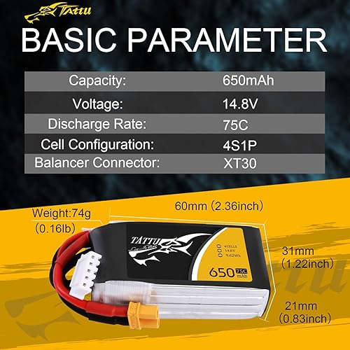 Miniatura 8 de Tattu Batería Lipo de 650 mAh 4S1P 75C 14.8 V con enchufe XT30