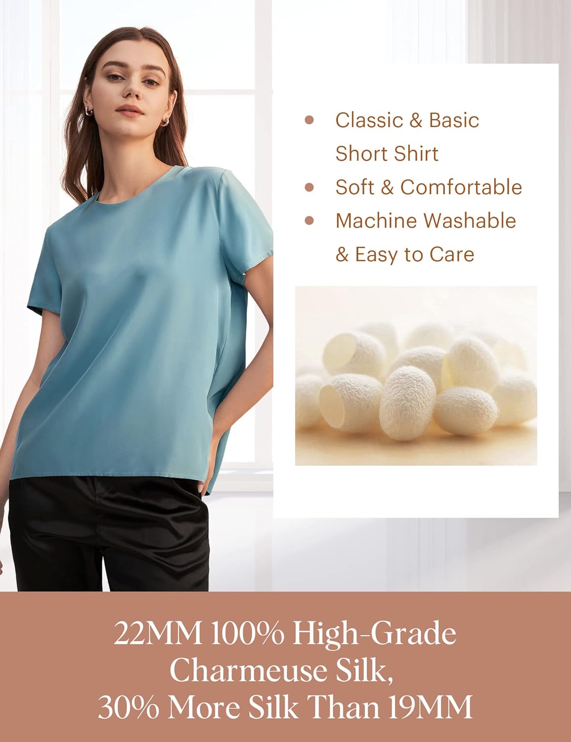 LilySilk Silk Blouses for Women Short Sleeve 100 Pure Mulberry 22 Momme Ladies Silk Tops Button Slit Back Closure - Image 6