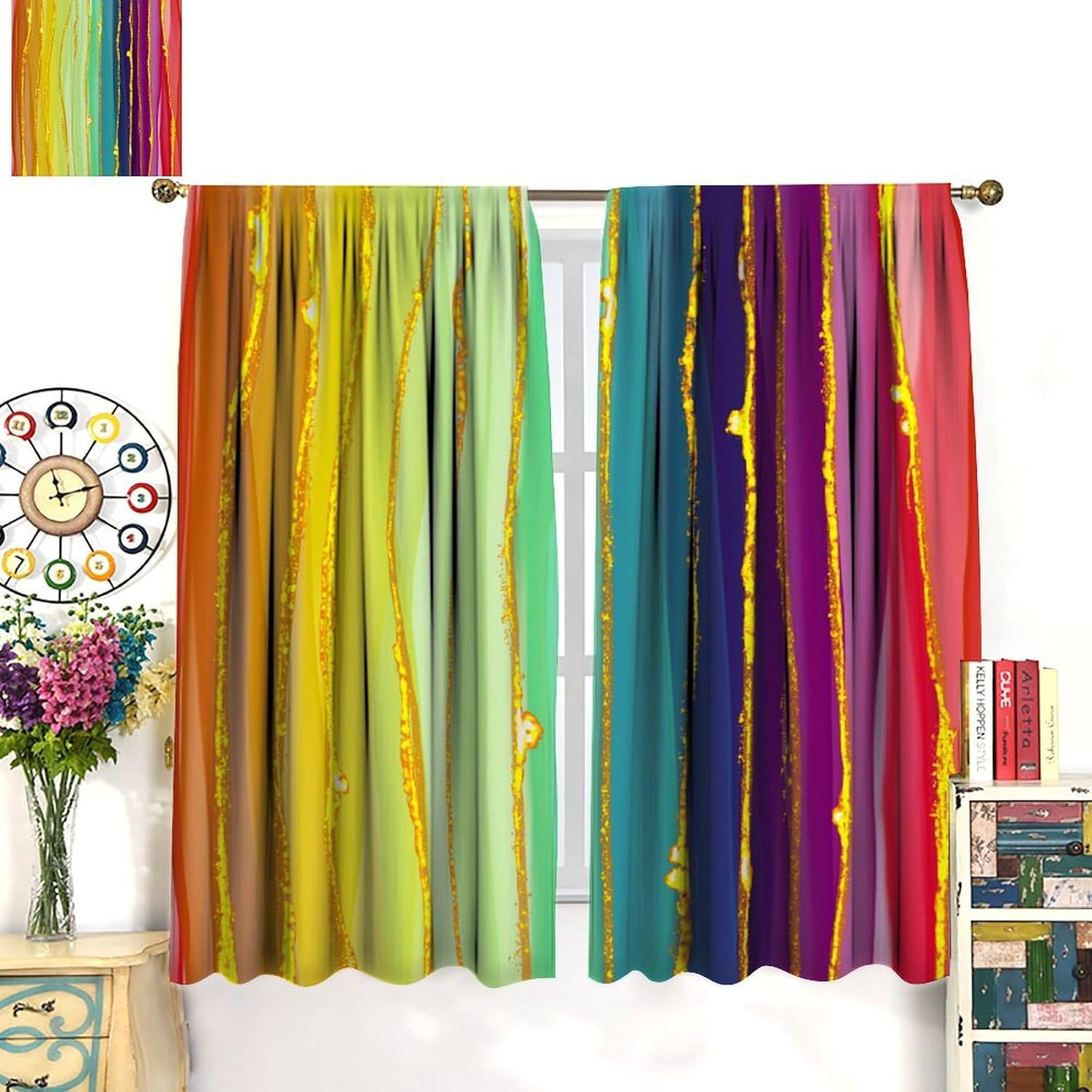 Abstract Rainbow Blackout Curtain, Watercolour Art Multicolored Modern Pattern Window Drapes, for Living Room Bedroom 42" W X 45" L