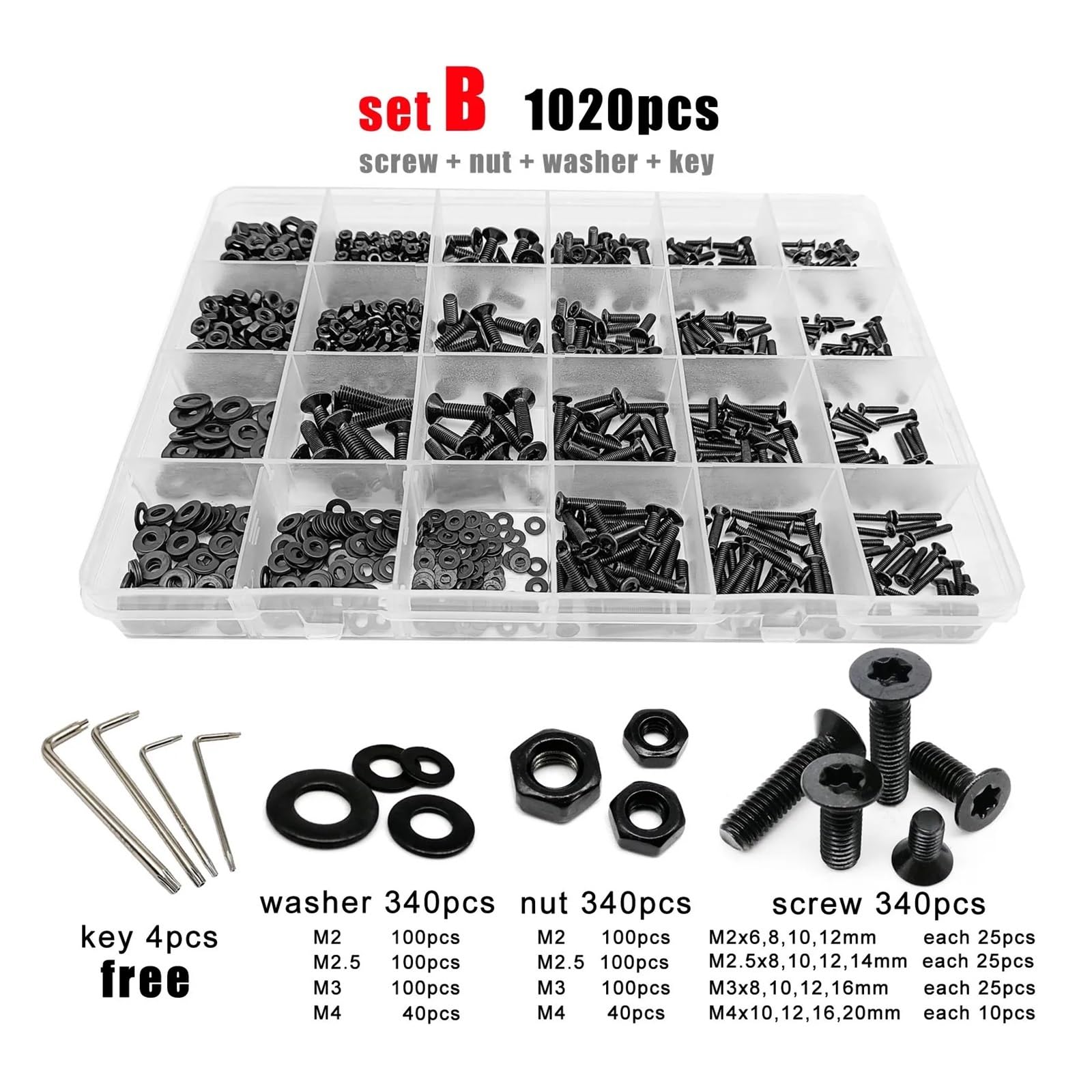 GamirA 285/1020 Uds Mix M2 M2.5 M3 M4 M5 Negro 304 Acero Inoxidable Seis lóbulos Torx Cabeza avellanada Plana Tornillo Surtido Kit de Caja (Color : Set B 1020pcs)