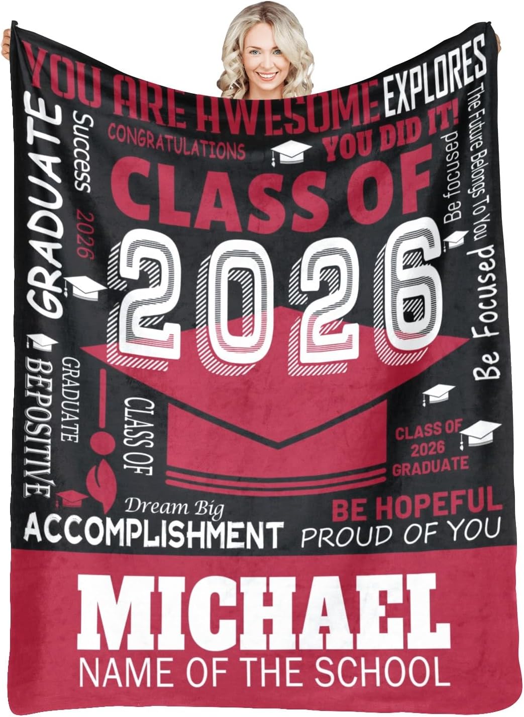 Custom Graduation Blanket with Name, Personalized Class of 2026 Throw Blanket, Customized Graduation Gifts for Him Her, College, Masters Degree, PhD, High School