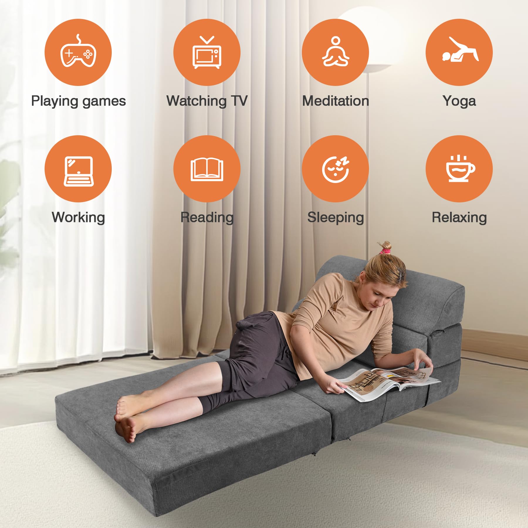 Cómodo sofá cama plegable – Sofá cama convertible gris plegable para sala de estar, dormitorio, invitados, silla plegable de suelo, colchón tumbona con respaldo para viajes, camping 7
