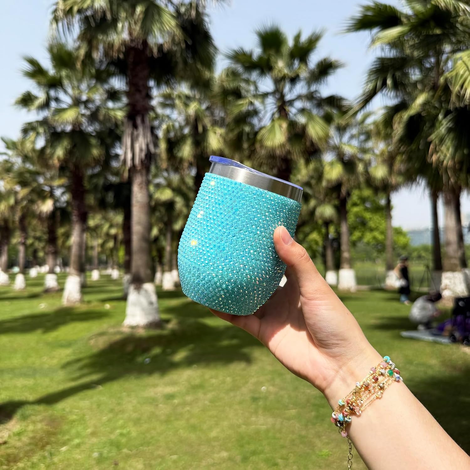 12 oz Bling Wine Tumbler with Lid Rhinestone Insulated Wine Glass Tumbler Double-Wall Vacuum Stainless Steel Coffee Mug Sparkly Travel Cup for Beer Champaign Cocktail (Aqua Blue) - Image 5