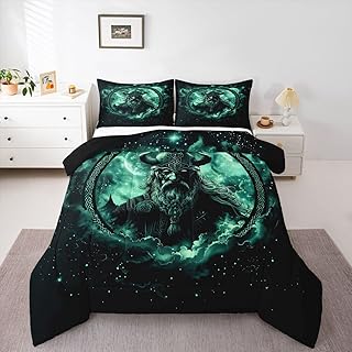 Erosebridal Green Viking Queen Comforter Ancient Nordic Warrior Bedding Set Geometric Viking Symbol Bedding Norse Mythology Starry Sky Duvet Insert 3Pcs Room Decor