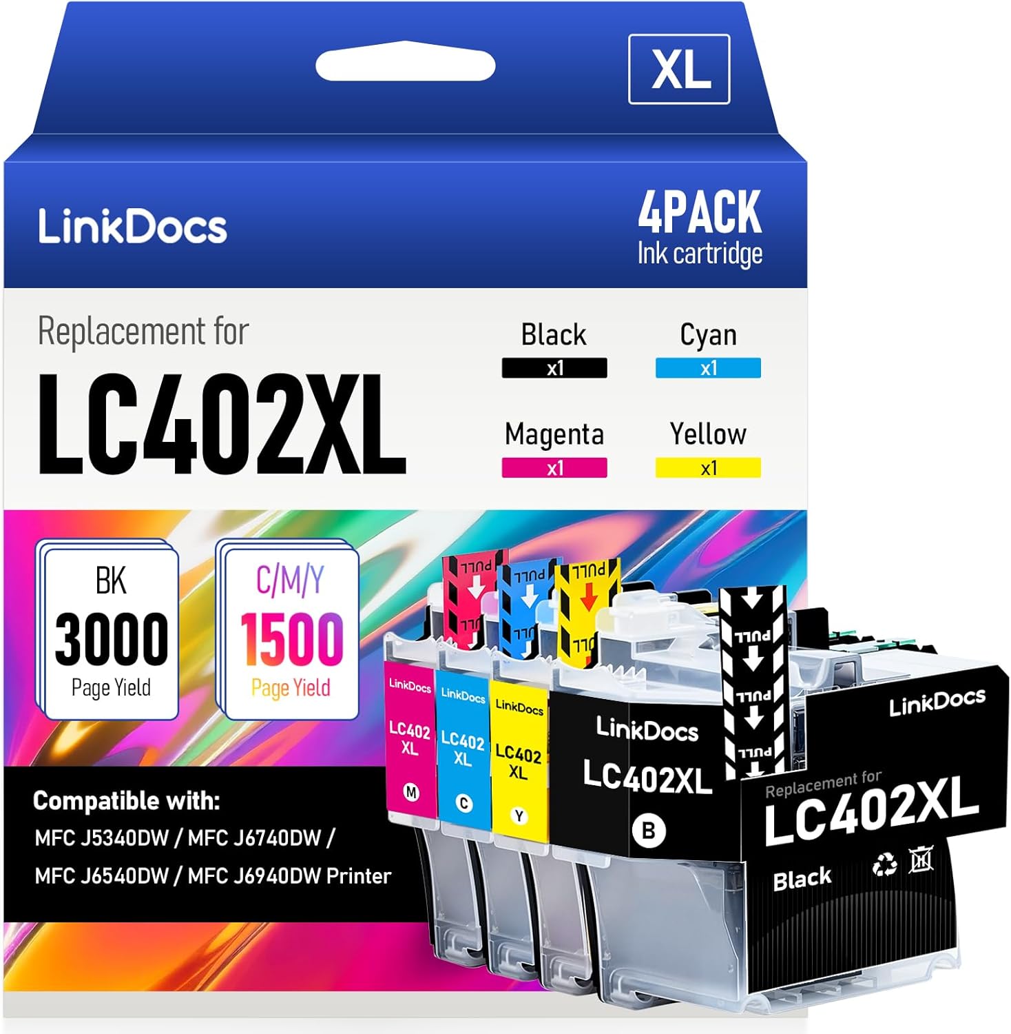 LinkDocs LC402XL Compatible Ink Cartridges Replacement for Brother LC402 LC402XL Used with Brother MFC J5340DW MFC J6740DW MFC J6540DW MFC J6940DW Printers (Black Cyan Magenta Yellow 4 Pack)