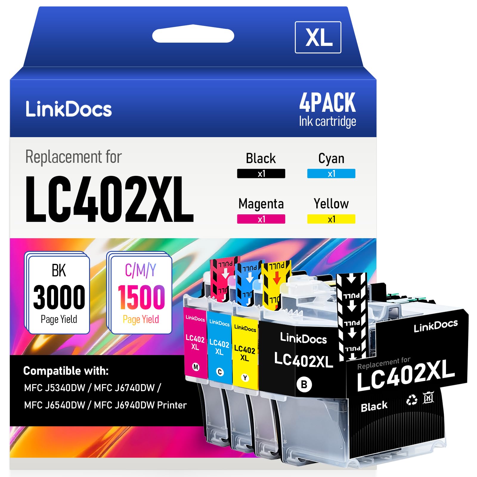 LinkDocs LC402XL Compatible Ink Cartridges Replacement for Brother LC402 LC402XL Used with Brother MFC J5340DW MFC J6740DW MFC J6540DW MFC J6940DW Printers (Black Cyan Magenta Yellow 4 Pack)