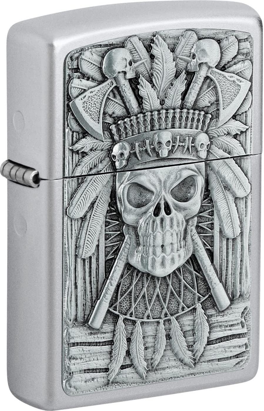 Zippo Windproof Lighter, Indian Skull Design – Satin Chrome, Emblem – Refillable, Reusable, Windproof Design – Comes in Gift Box – Made in USA