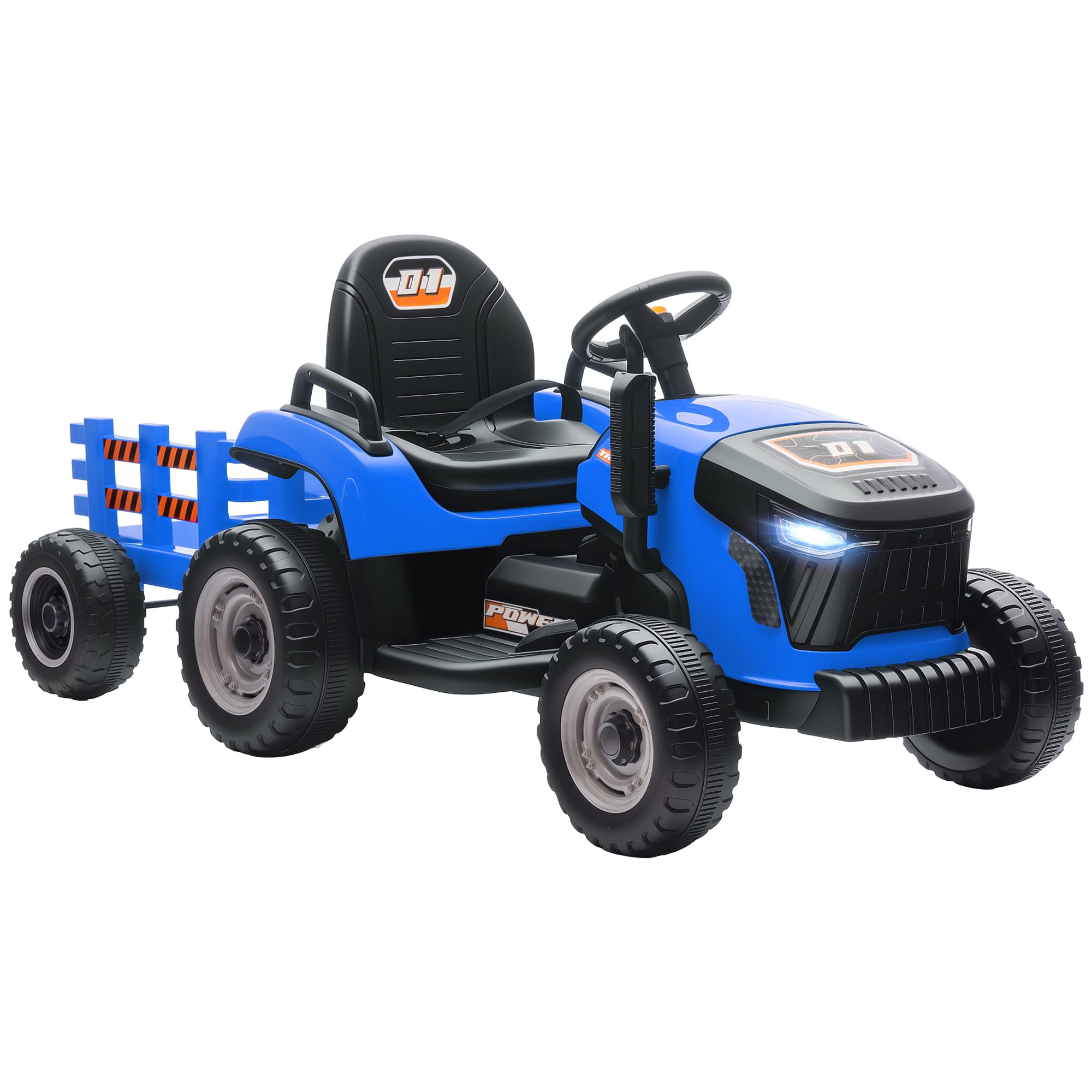 AIYAPLAY Tracteur électrique Enfants avec remorque amovible, Voiture électrique 6 pneus télécommande 2,4G LED Musique 3 Vitesses 3-8 Ans Bleu