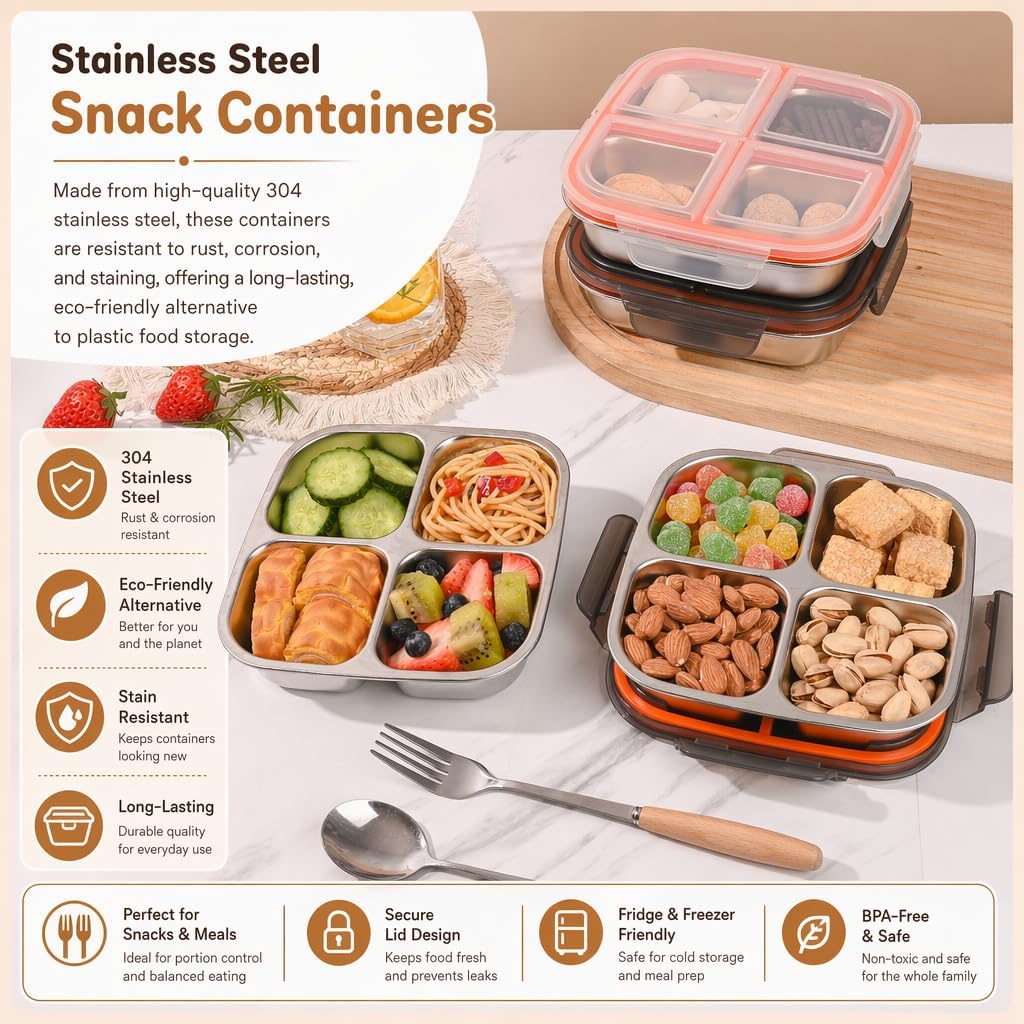 3 Pack Stainless Steel Snack Containers with Airtight Lids, 4 Compartment Food Storage Containers, Reusable Metal Meal Prep Lunch Boxes, Dishwasher Safe, Divided Plates for Adults (White)