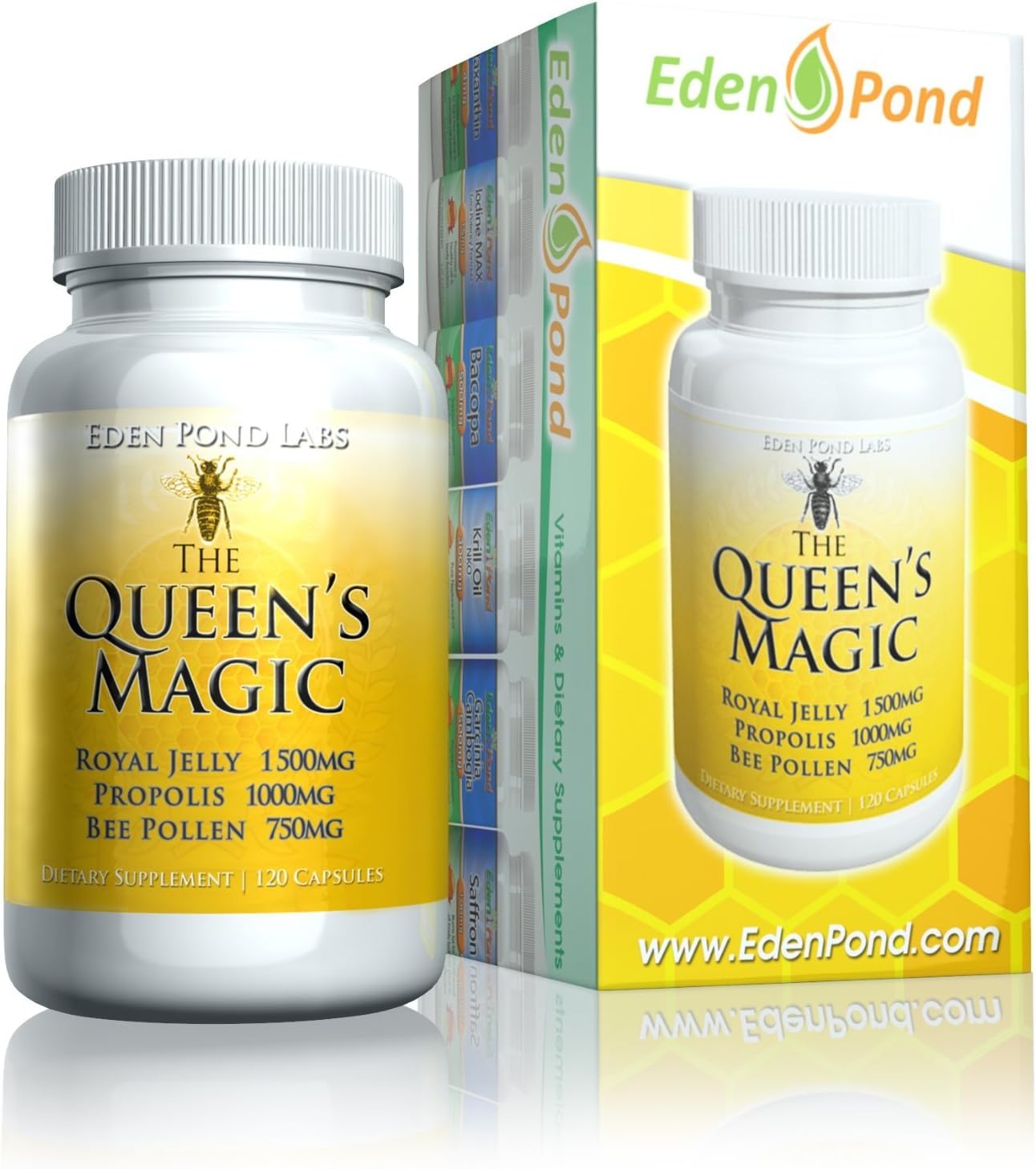Eden Pond Queen's Magic Bee Pollen (Royal Jelly 1500mg, Propolis 1000mg, Beepollen 750mg) in 3 Daily Capsules, 120 Count